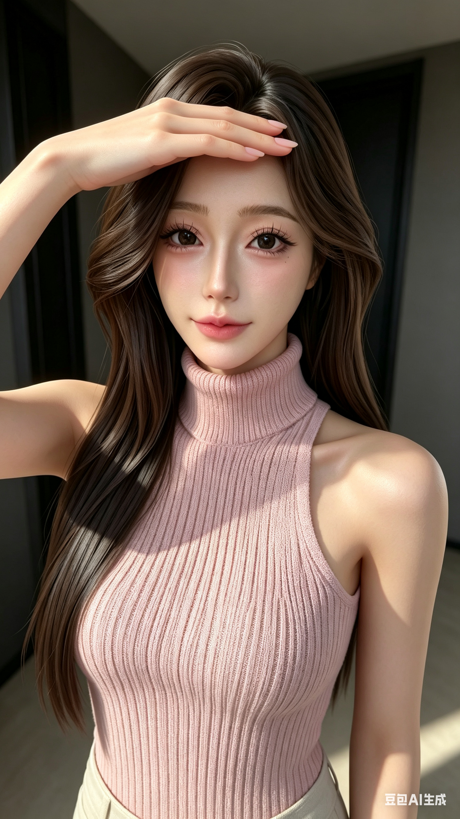 基于输入图中的人物特征生成 AI 短剧女主建模定妆照，保留原人物的长发气质、粉色高领针织服装轮廓、抬手遮额的姿态与柔和室内光影，将其塑造成写实风格 3D 数字人女主角；五官精致自然，皮肤质感真实，发丝细密有层次，服装罗… - AI提示词参考图，来自西西提示词