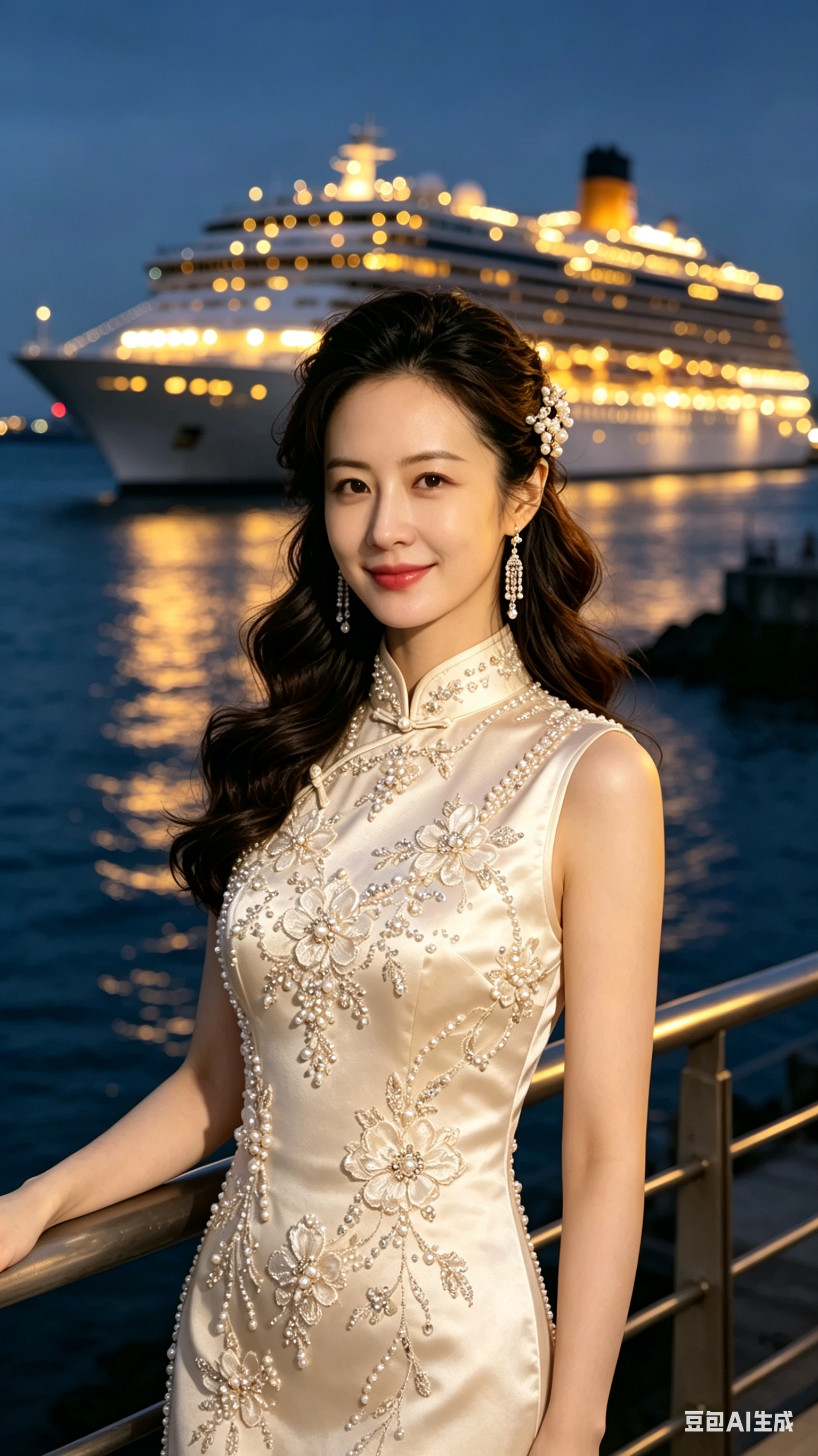 以输入的第2张图片为底图，保持女子的旗袍、发型、发饰、耳饰、身体姿态、栏杆、海面、游轮夜景、光线和整体构图不变；仅将第2张女子的人脸替换为输入的第1张图片中女子的面部长相与身份特征，保留自然肤色、五官比例和真实人像质感… - AI提示词参考图，来自西西提示词
