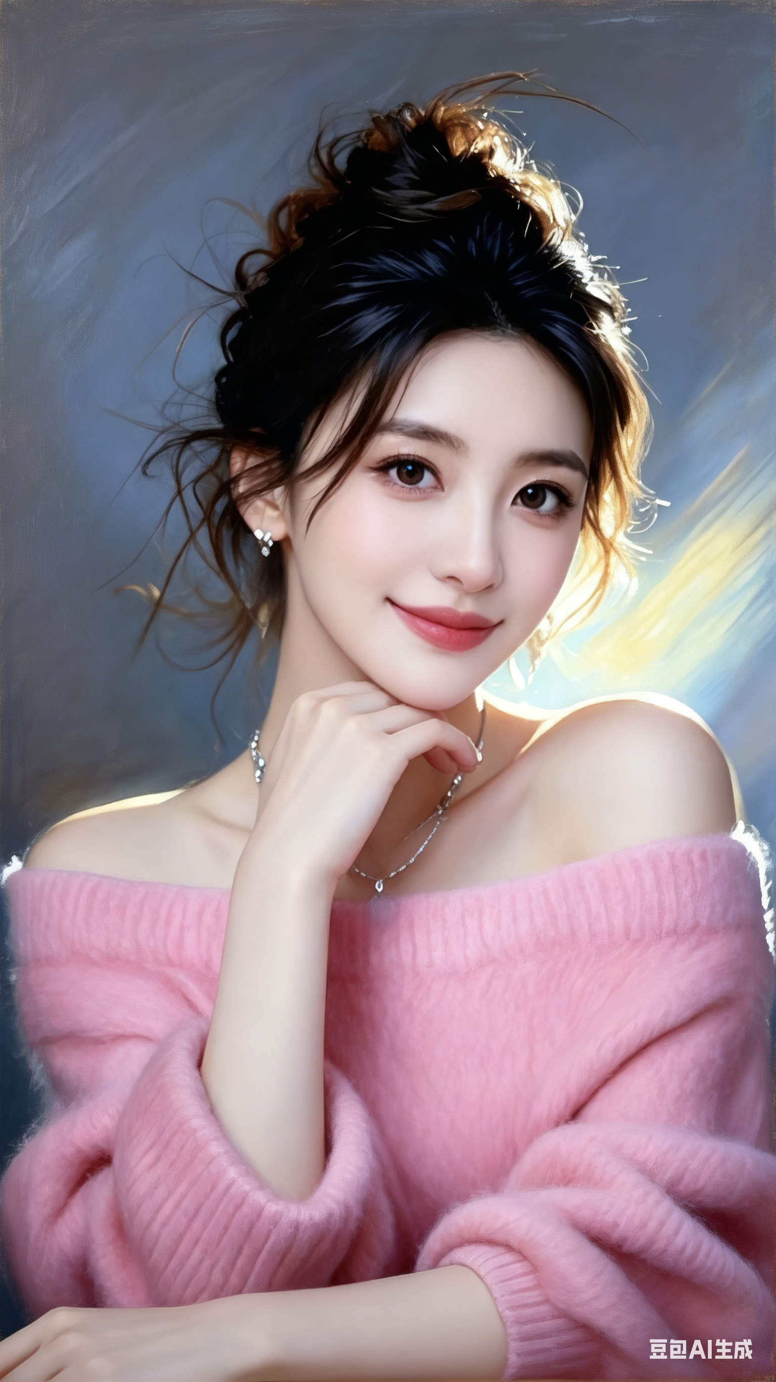 生成一张9:16竖幅美人半身肖像油画，参考第一张图片的人物发型轮廓、盘发蓬松感、肩颈姿态和手的位置，参考第二张图片的淡雅清新妆容、自然裸妆质感、细腻眉眼、柔和唇色以及简洁精致的银色细项链与小耳饰风格。人物五官精致立体，… - AI提示词参考图，来自西西提示词