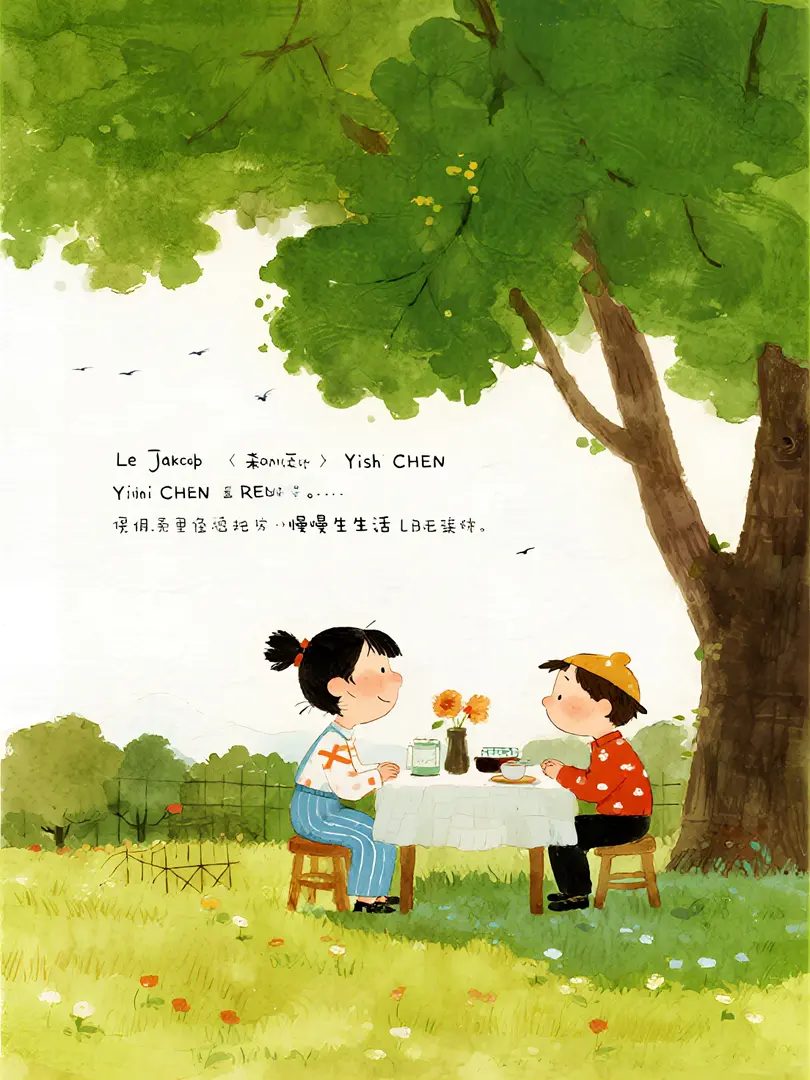 清新水彩绘本，治愈系生活美学，采用让·雅克·桑贝和Yishi Chen风格的插画，白色简洁背景，运用彩铅与水彩混合媒介创作，丙烯厚涂，意境深远，色彩饱满，笔触细腻，水彩渲染，怪诞美学，梦幻，童话，传递出一种慢生活的治愈感 - AI提示词参考图，来自西西提示词