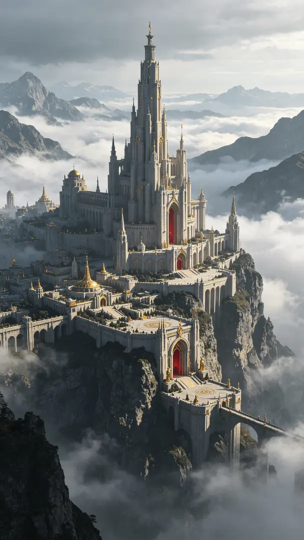 巨型中土世界建筑，奇幻魔幻宏伟建筑群，体量庞大，极致空旷感，史诗恢弘氛围，孤高巨型古堡，悬崖上古巨城，群山环绕秘境神殿，3D 厚涂风格，厚重肌理笔触，完美构图，电影级透视，全景大场景，超细节刻画，雾气朦胧，大气光影，高… - AI prompt reference from CC Prompt Galaxy