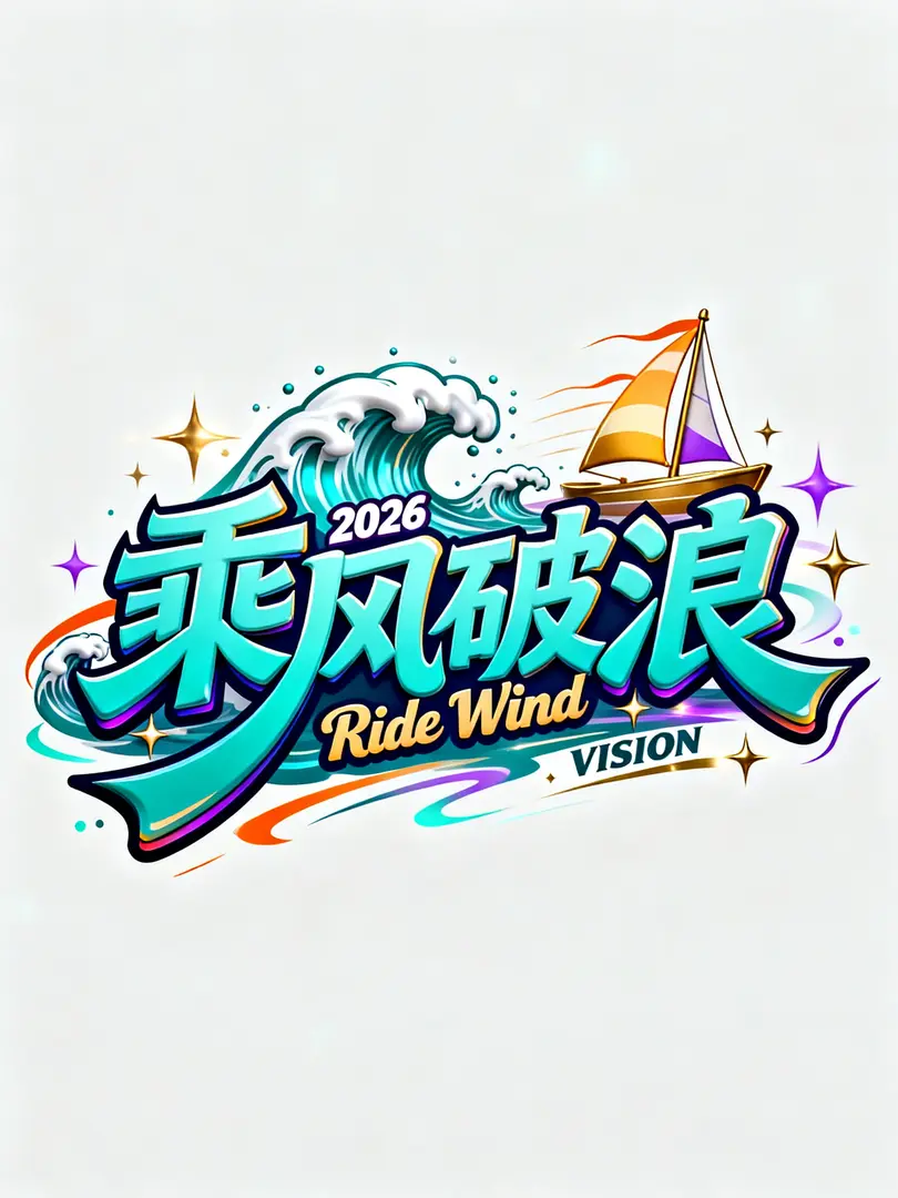 纯白干净极简背景，超强画面张力，画面中心居中构图，创意3D立体字体设计，中文主题：“乘风破浪”，主排版英文：“2026 Ride Wind”，迷你装饰英文“VISION”，纯正美式街头涂鸦风格，豪迈洒脱质感，字体笔画粗… - AI提示词参考图，来自西西提示词