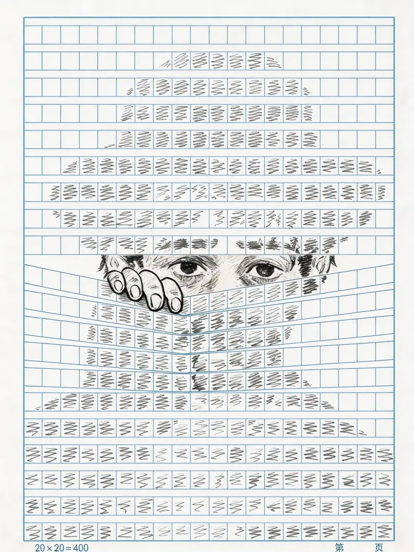 Hidden creative illustration on 20x20 grid notebook paper, middle section reveals a pair of warm, playful eye… - AI提示词参考图，来自西西提示词
