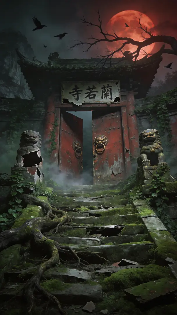 古寺巍峨山门倾颓矗立，巨幅石阶覆满幽绿苔藓，台阶残破，老树根盘根错节。两道朽烂朱漆寺门半开，兽首门环，雾气弥漫。夜空血月笼罩，大门上残破牌匾刻着“寺若蘭”，枯树虬枝如爪影横斜。门口两侧一对破损残缺的石狮子，石缝间蔓延藤… - AI prompt reference from CC Prompt Galaxy