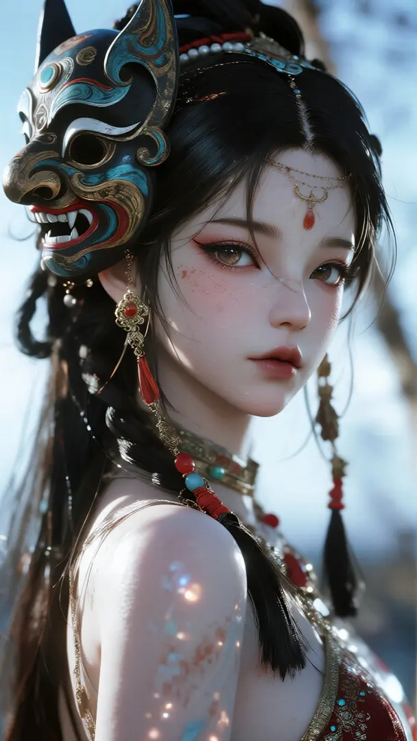 插画风格特效，半身像，古风，动漫风，萨满少女，面具，华丽，萨满舞，祭祀仪式，神秘仪式氛围， 笔触，线条清晰，强烈的明暗对比，超高清，垂坠感，清冷感，身体特写，最高画质。清透的皮肤，细腻渲染，细节五官，真实细腻的肌理感，… - AI prompt reference from CC Prompt Galaxy