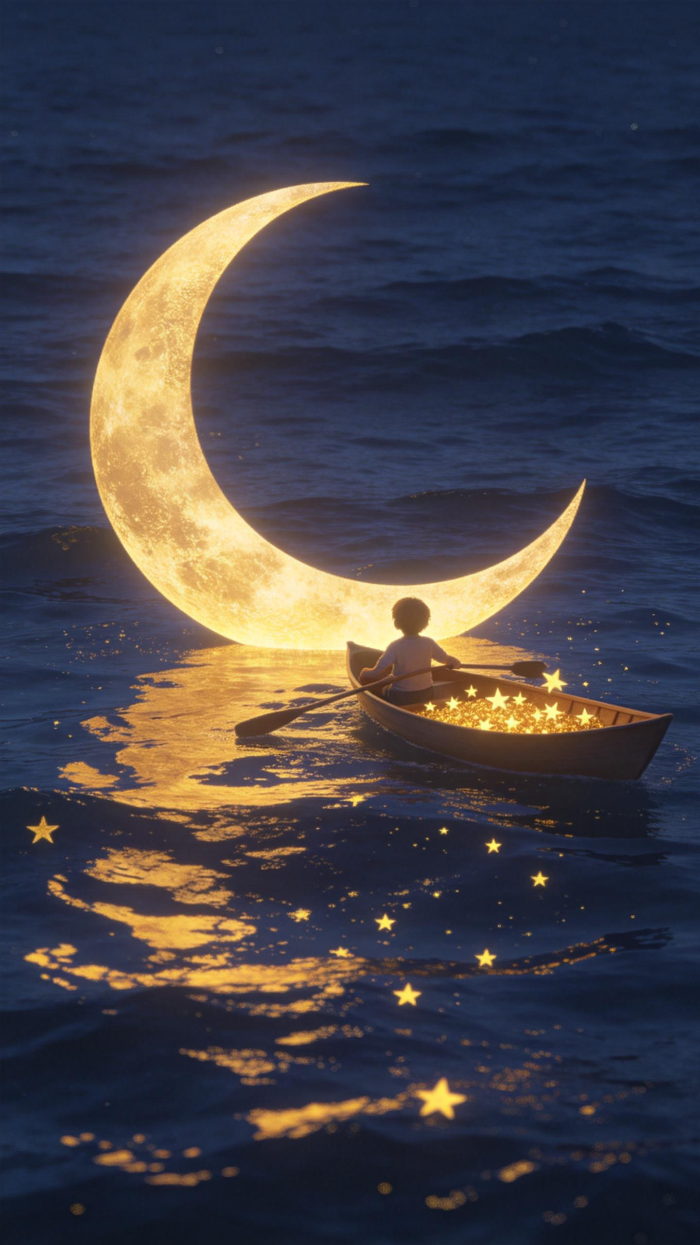 唯美治愈数字艺术，夜晚静谧海面，暖金色发光月牙（带细腻纹理）悬浮于深蓝色海面，海面波纹自然，反射月牙的金色光斑如碎金闪烁，冷暖色调（深蓝与暖金）柔和交融；一个孩子划着小船靠近月亮，他的船上装满了金色的星星。竖幅构图，平… - AI提示词参考图，来自西西提示词