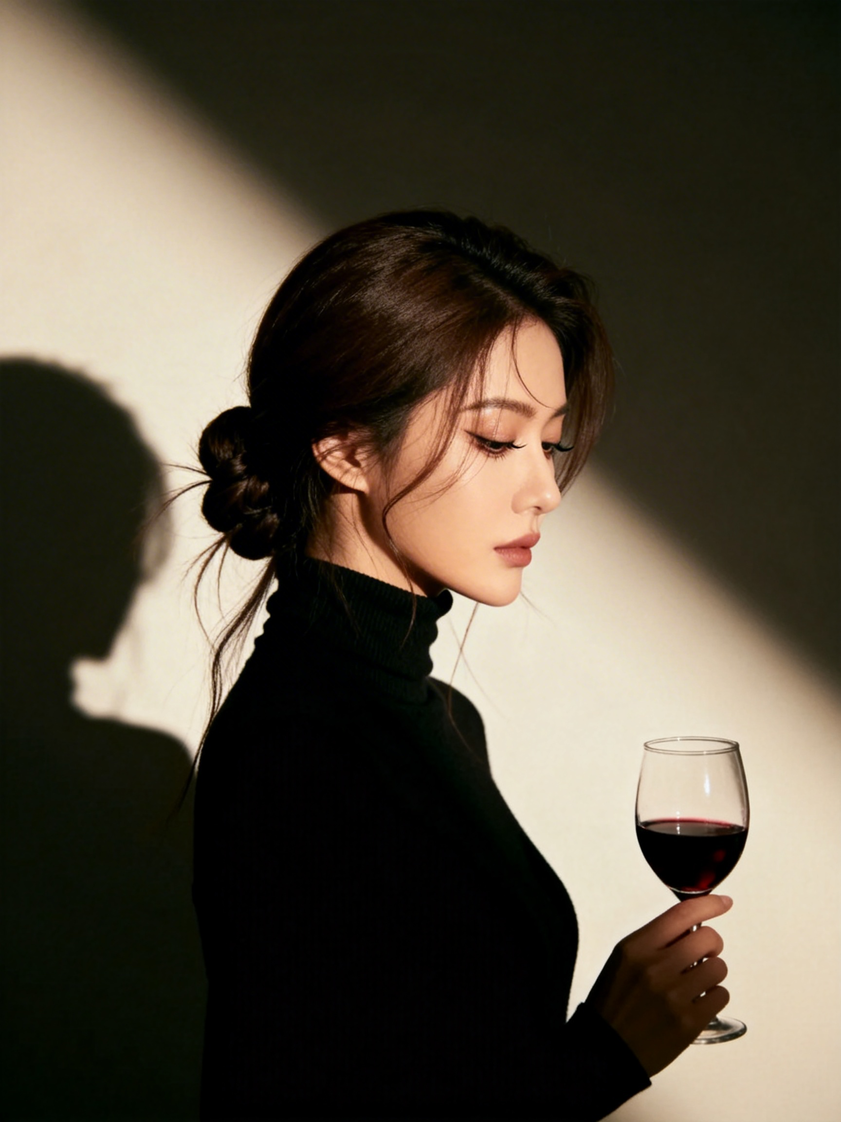一位身着黑色高领毛衣的冷艳美人立于光影交错间，深棕色长发被精心打理成低盘发，几缕碎发自然散落，增添随性美感。她微微侧首，纤长手拿着红酒杯里面有红酒，眼睫低垂间流转着欲说还休的朦胧情愫。细腻勾勒出流畅的面部轮廓，阴影深处… - AI提示词参考图，来自西西提示词