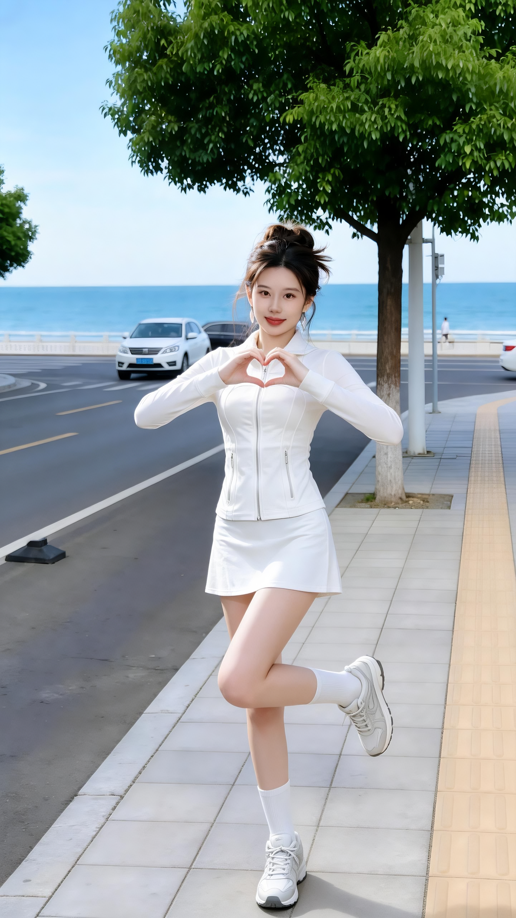 ######用图二的穿搭。用图三的姿势和背景生成一张高清图片。 - AI提示词参考图，来自西西提示词