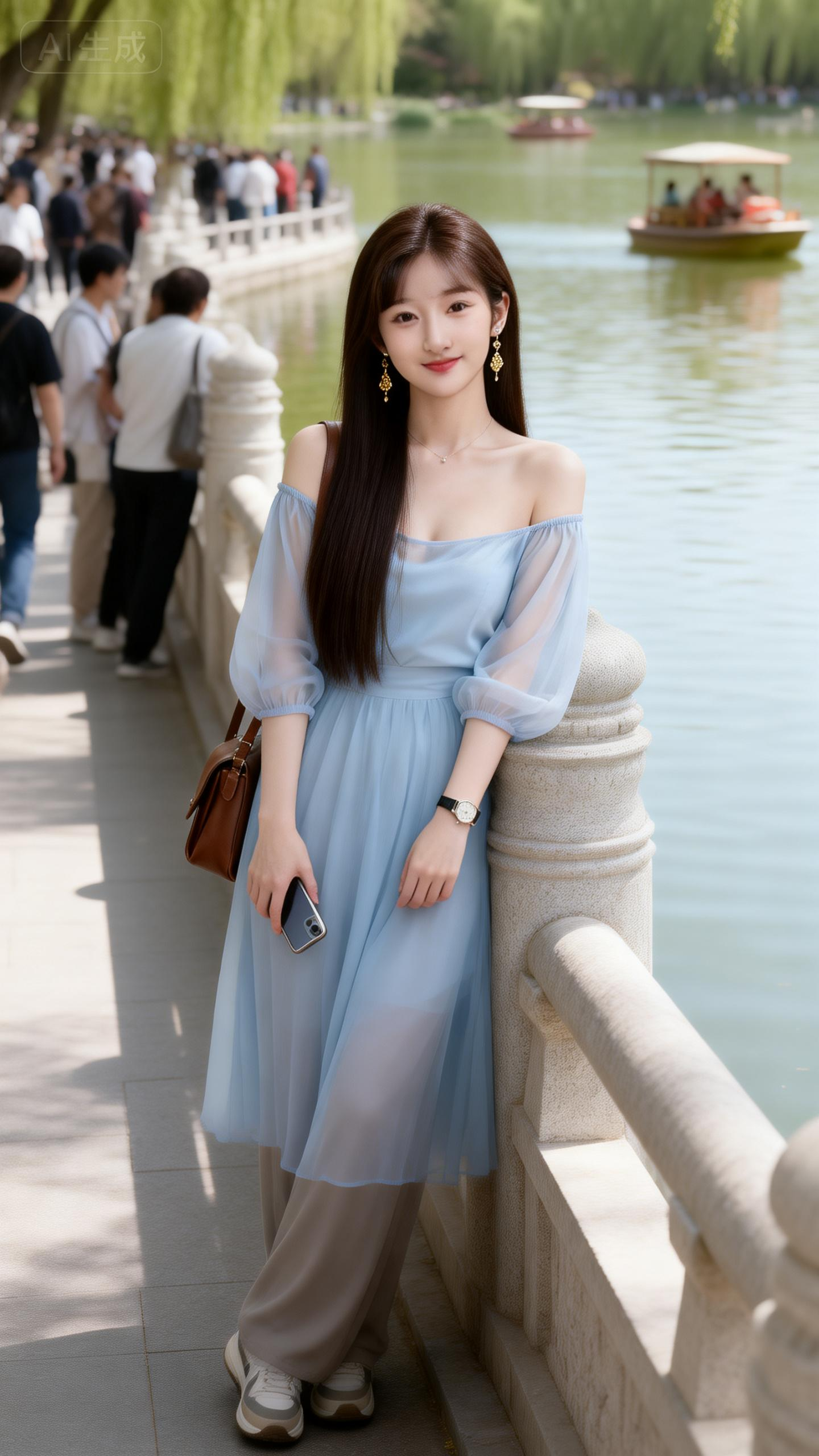 ##超高清日常写实人像，年轻女子，深棕色直长发。脸型为柔和的瓜子脸，五官精致，皮肤细腻有光泽。身着图中服装，衣服颜色，细节，材质不要做任何改变，身材S曲线，搭配适合的裤子和鞋子。她倚在湖边石栏边，右手拿着手机，背景是兴… - AI提示词参考图，来自西西提示词