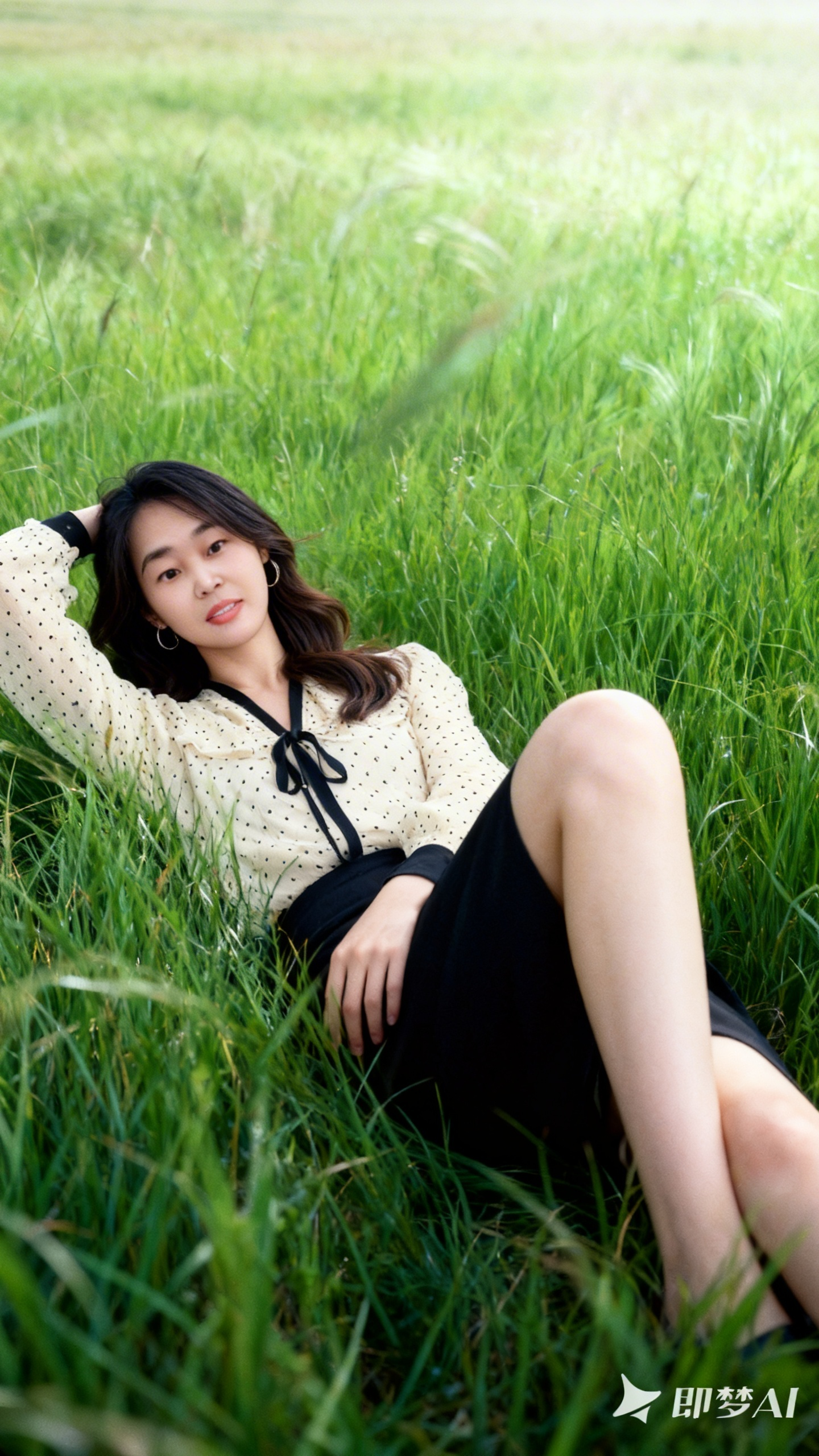 ##胶片摄影，镜头语言，淡彩，暗黑光影，个性视角，美人，皮肤白皙嫩滑，倾国倾城容貌，胳膊撑着头，腿屈起，躺在厚厚繁茂高高的草丛里，绿色草原，茂密的的草丛被风吹动，遮住人物身体隐私部位，高对比度，虚焦，高颜值，既视感，情… - AI提示词参考图，来自西西提示词