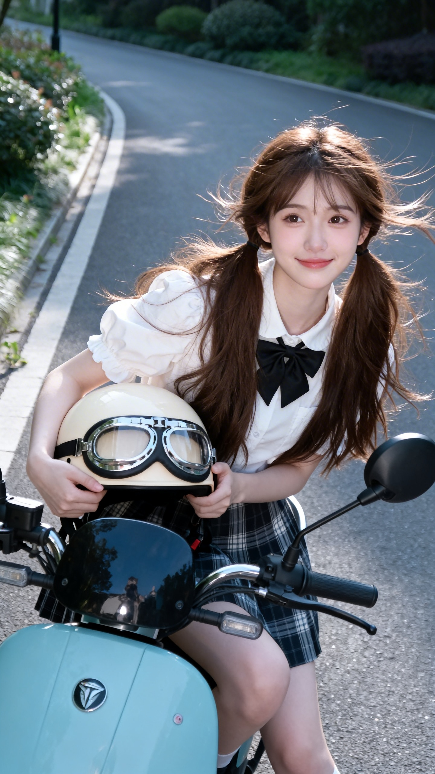 真实摄影，亚洲美少女，棕色双马尾，身着白色泡泡袖衬衫（系黑色蝴蝶结）、格纹下装，坐在浅蓝电动车上停在路边安全地带，手持米色头盔（带护目镜）；背景是户外道路与绿植，整体风格清新可爱，充满青春活力的日常美感，倾斜构图。（电… - AI prompt reference from CC Prompt Galaxy
