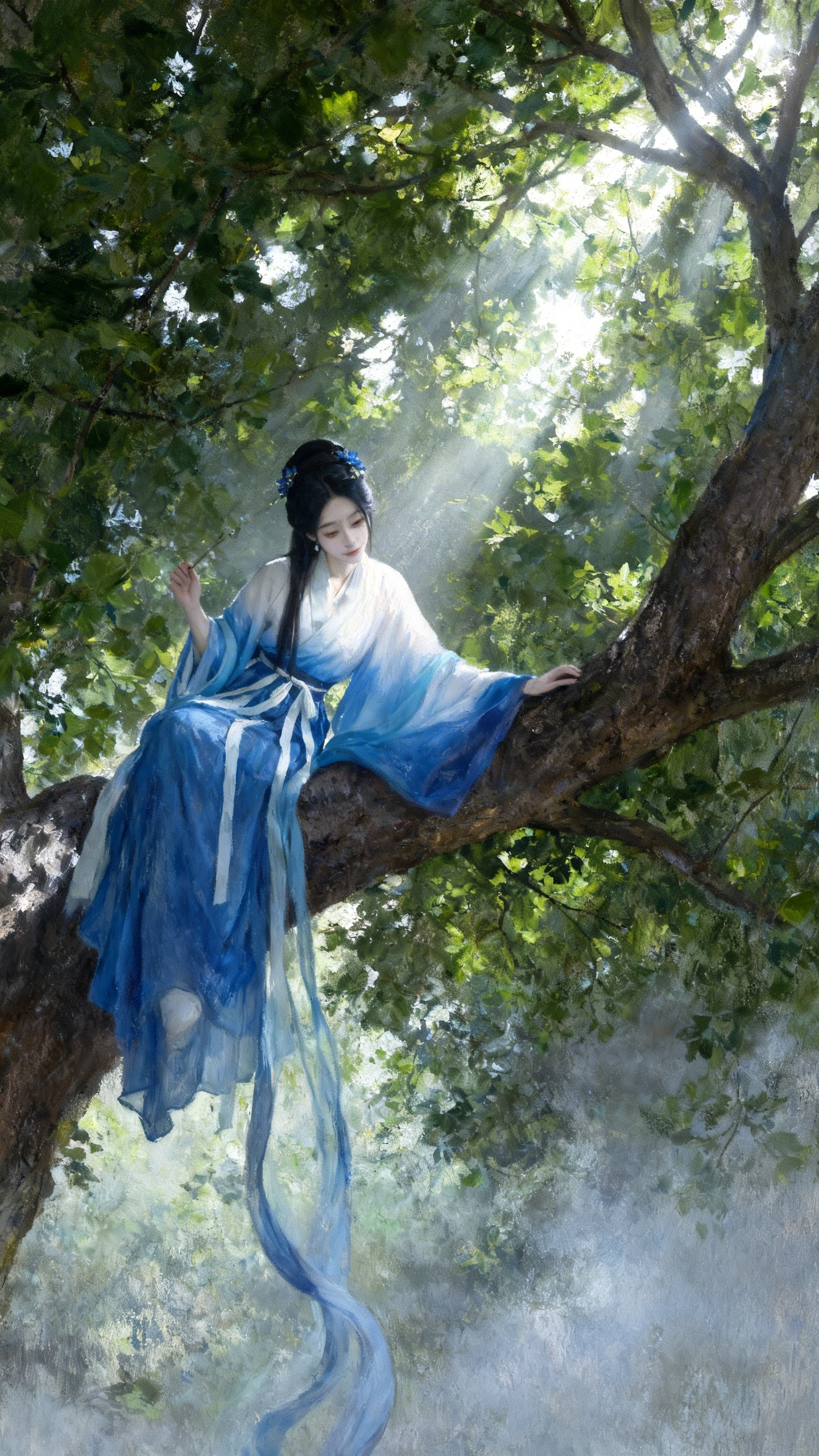 ##帮我生成一张照片：完整保留角色发型和服饰包括发饰。参考古典油画风格，使用厚涂和晕染水粉技法，展现出颜料的涂抹质感，营造超古风主义美学的高级氛围感和层次感，低空仰视视角。密密匝匝的树叶和树冠，树叶缝隙中撒下阳光形成丁… - AI提示词参考图，来自西西提示词