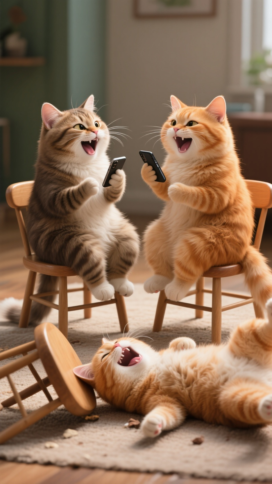 超写实可爱风格，两只毛色深浅不同的大橘猫坐在小椅子上面对面聊天，表情生动拟人，神态轻松有趣，毛发蓬松柔软，光影自然柔和，聊着聊着突然爆笑失控，两只猫咪一起笑翻摔在地上，椅子也随之倾倒在地，动作流畅连贯，画面温馨搞笑，动… - AI提示词参考图，来自西西提示词
