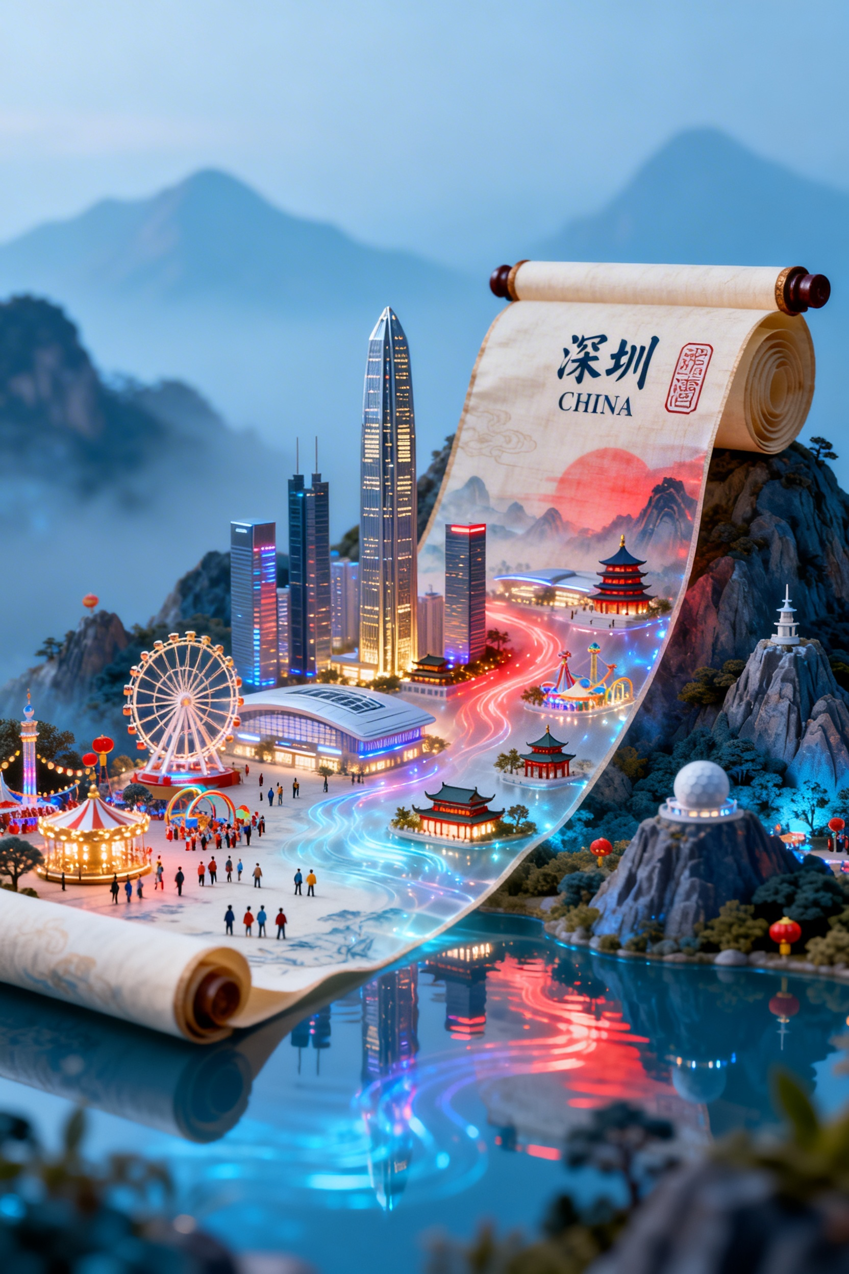 画卷自右上向左下徐徐展开，画卷曲折一些，湖光山色建筑如生长般浮现，梦幻若以若现的山为背景，画卷铺展在山间。透明绢本上熬着生物灾光，呈现立体北京景象：平安金融中心、市民中心、湾区摩天轮、世界之窗、欢乐谷、锦绣中华、梧桐山… - AI提示词参考图，来自西西提示词