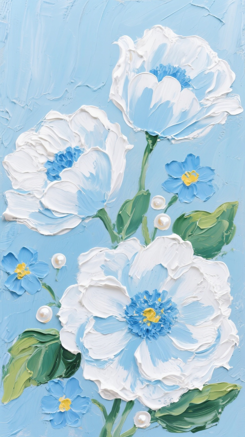 油画厚涂风格，一个浅蓝色背景装饰画。图中有几朵大花，花瓣白色和淡蓝色，呈浓密的笔触纹理，中心呈淡蓝色。蓝色的小花，黄色的中心，绿色的叶子，白色的珍珠点缀周围。整体风格清新，采用厚画法呈现立体肌理，富有生命力。 - AI提示词参考图，来自西西提示词