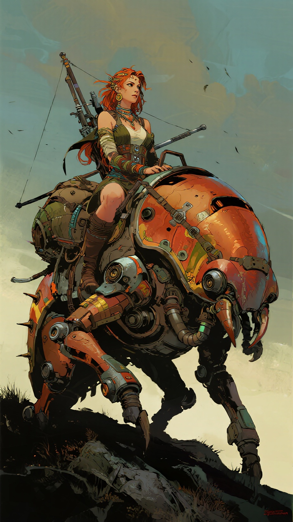 Moebius (Jean Giraud)风格绘画，极繁主义，机械上古异兽梼杌虫，背上驮着异族猎装美人，极致细节，炫丽，油画质感，超写实，真人，电影级质感，cg动画渲染 - AI提示词参考图，来自西西提示词