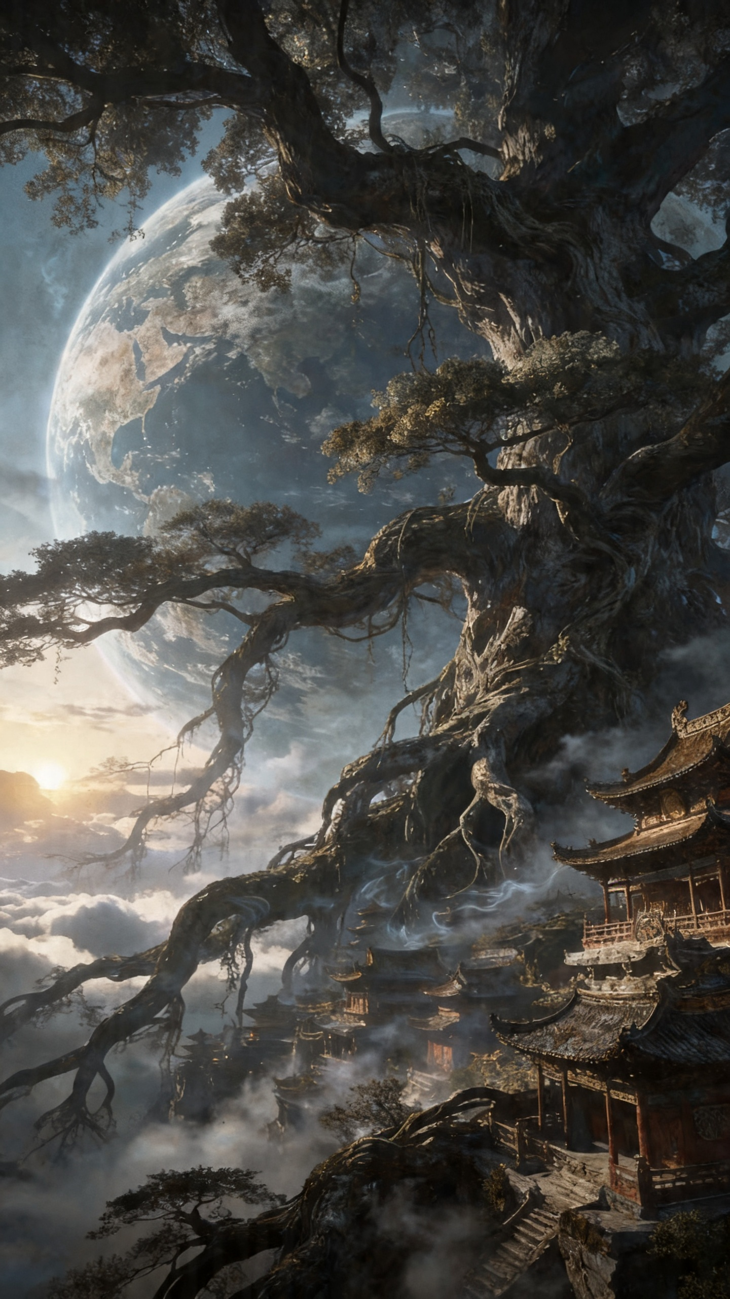 ##场景照，古代建筑，古树，枝干绵延百里的巨型世界树 ，树冠接天，云雾缭绕，仙气飘飘，整体冷色调 ，晨光，插画风格，32K超高清画质 ，极其详细的刻画。大师级作品，专业构图视角，笔触细腻，画风华丽，中式旧核。 - AI提示词参考图，来自西西提示词