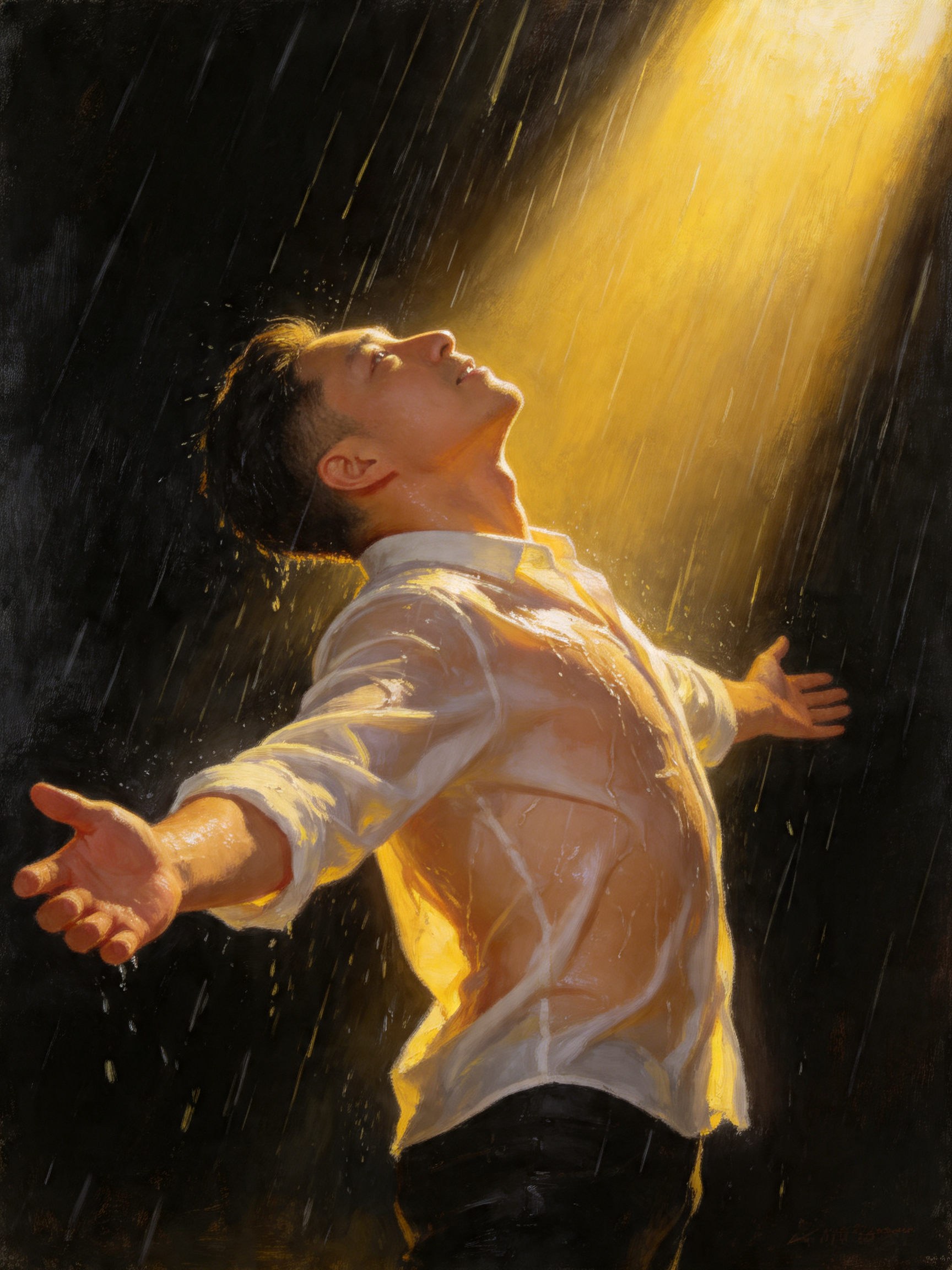 ##大叔，身穿白色衬衫，下着雨，迎来了他的救赎，张开双臂拥抱暴雨和光明，上身后仰呈反弓形，仰望。面朝光明（右上），背对黑暗（左下）。暖黄与暗黑高对比撞色。侧后方低角度仰视视角。背光，人物一侧轮廓，后背湿透。油画。空白背… - AI提示词参考图，来自西西提示词