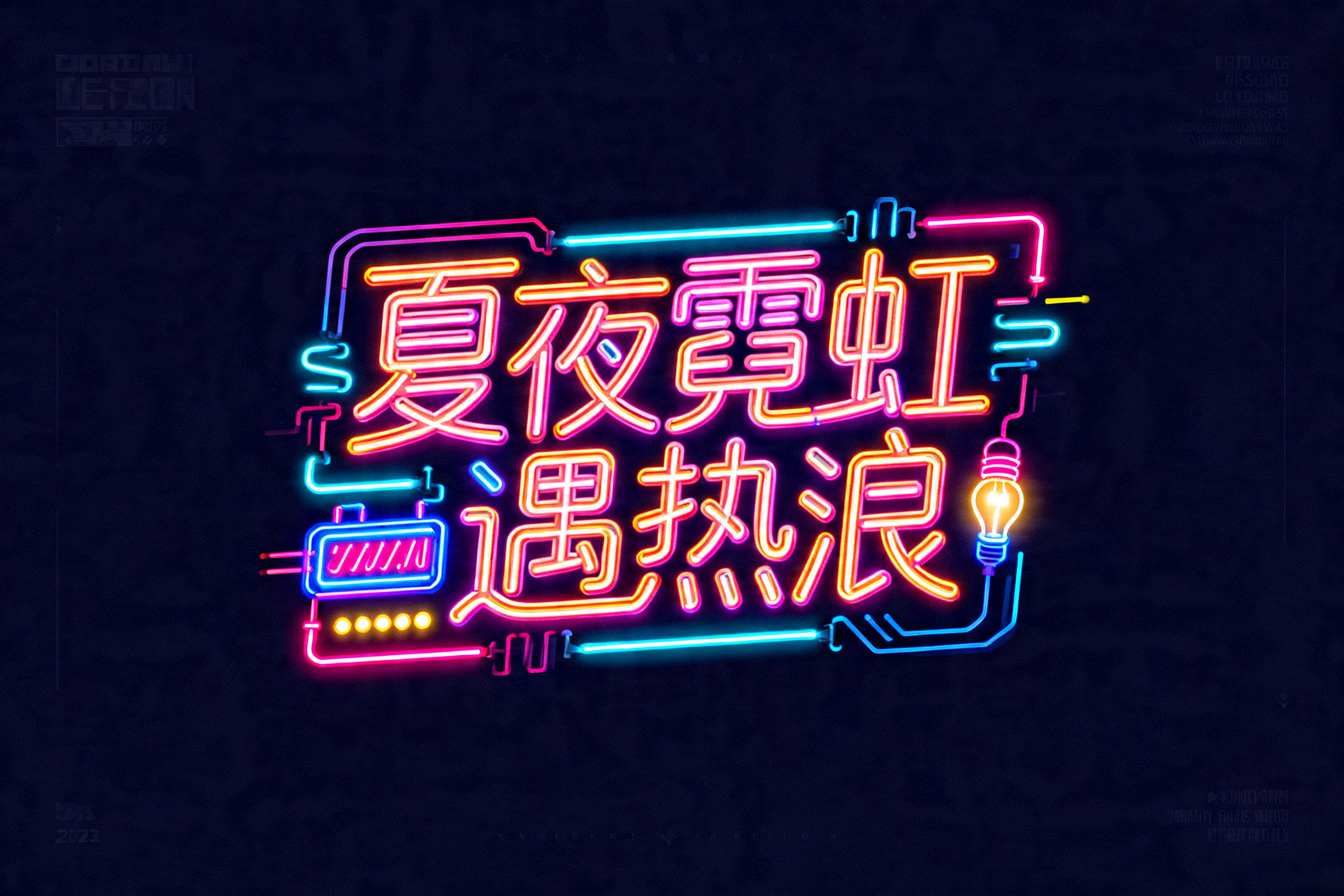 赛博朋克夏日涂鸦字体，文字：夏夜霓虹遇热浪，霓虹发光效果，搭配灯管、灯牌、灯泡元素，科技感线条，荧光渐变，纯色暗底背景，未来感炫酷，高对比霓虹色彩 - AI prompt reference from CC Prompt Galaxy