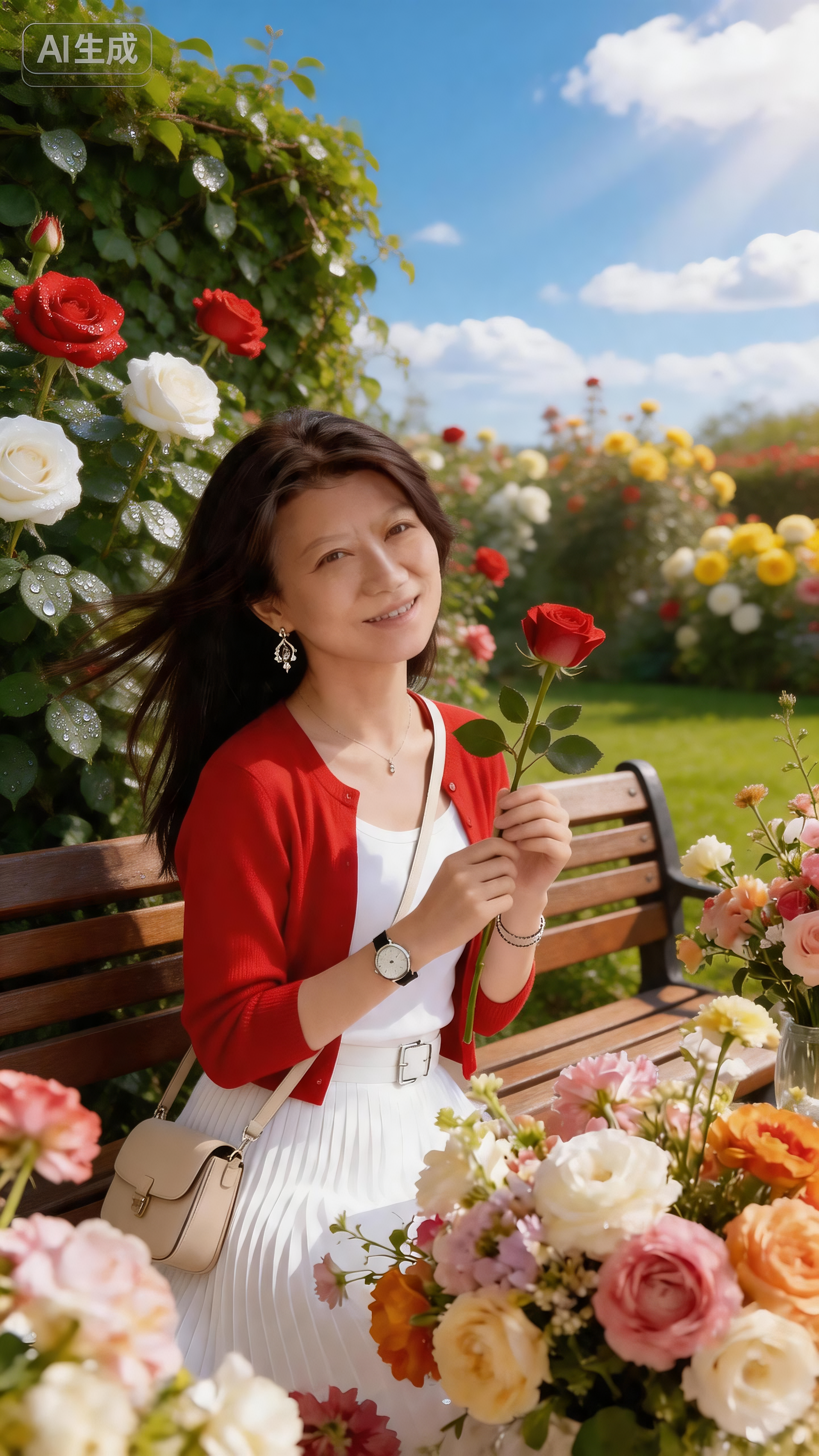 ##在春日繁花盛开的时节，一道栅栏式的爬藤绿篱环绕四周，由點綴绿藤蔓中娇艳欲滴玫瑰花精心交织而成。繁茂的枝叶肆意伸展，鲜嫩的叶片闪烁着晶莹的水珠，层层叠叠，构成了一道生机勃勃的绿色屏障。无数红白黄等不同颜色的娇艳的月季… - AI提示词参考图，来自西西提示词
