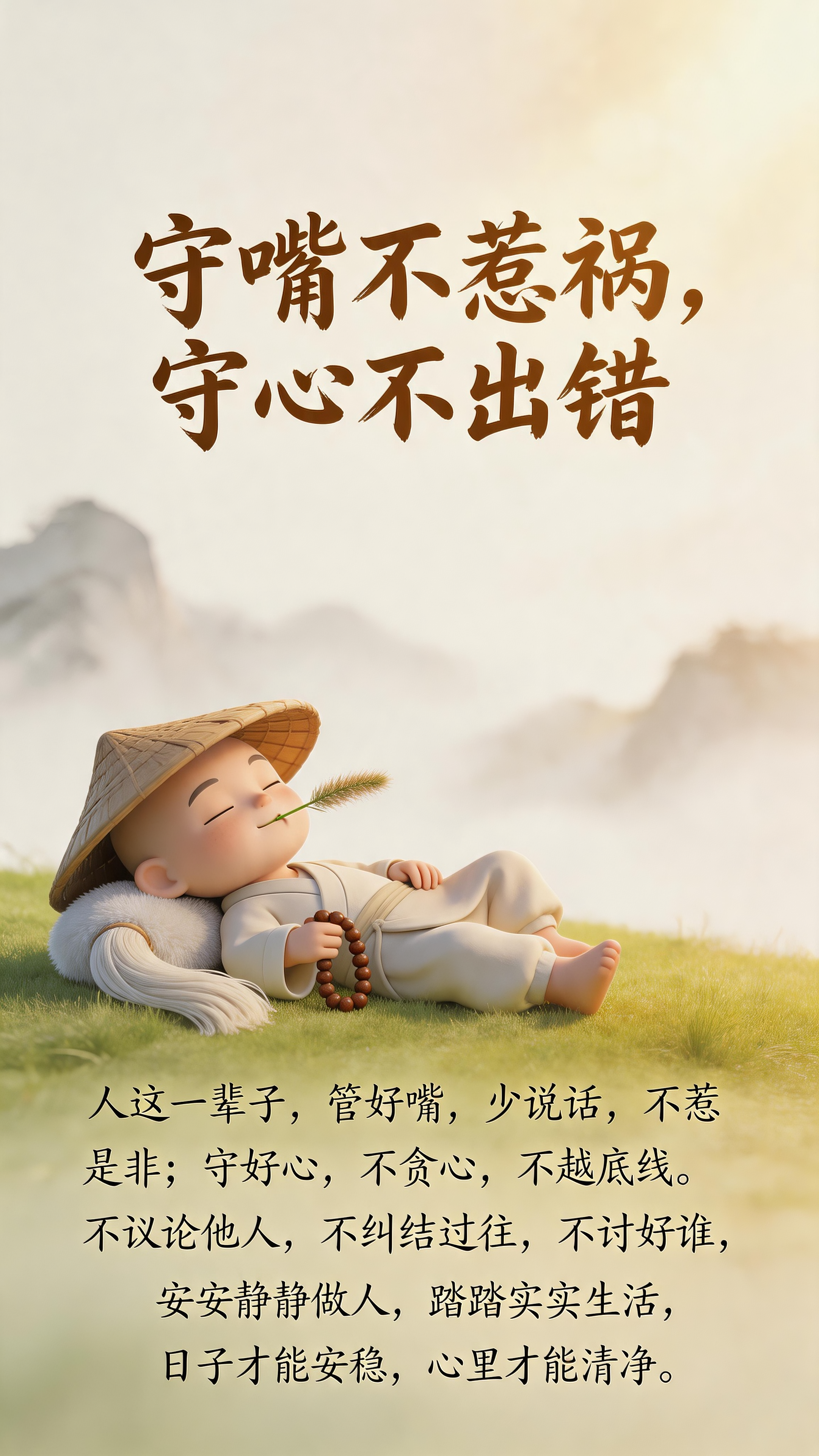 一个身材小小俏皮可爱的小和尚，头戴斗笠，身汉服，躺在草地上，头枕太乙真人的浮尘，悠闲的翘着腿，手里拿着一串佛珠，嘴里叼着狗尾巴花，很悠闲的情景，阳光照耀，温暖。神话修仙世界，东方元素，朦胧，明艳，高级，禅意，柔光，东方… - AI prompt reference from CC Prompt Galaxy
