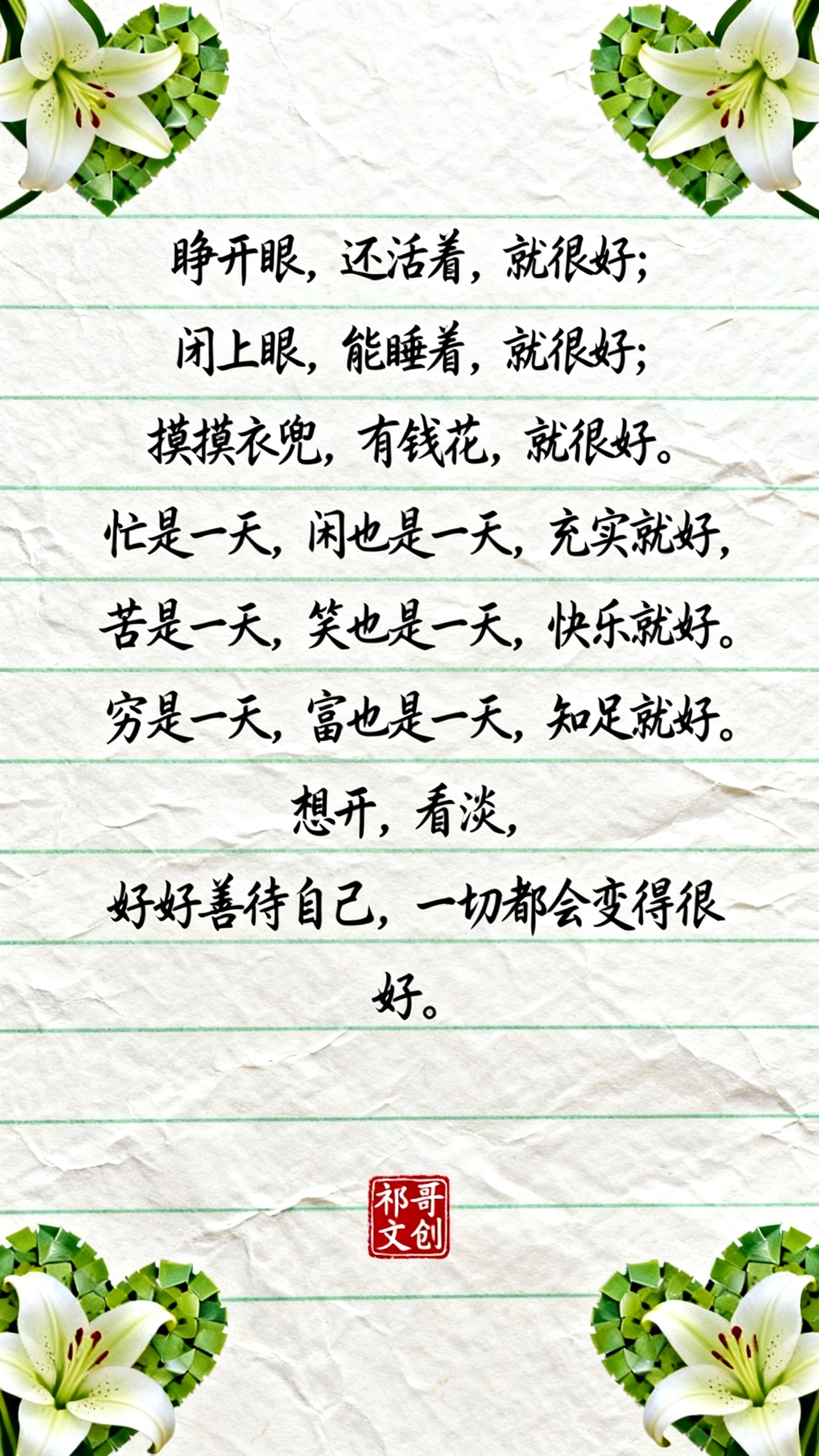 请在绿色有横条纹的信纸上书写下面一段文字，一句话写一行，草书，字体小一些。 睁开眼，还活着，就很好; 闭上眼，能睡着，就很好; 摸摸衣兜，有钱花，就很好。 忙是一天，闲也是一天，充实就好， 苦是一天，笑也是一天，快乐就… - AI提示词参考图，来自西西提示词