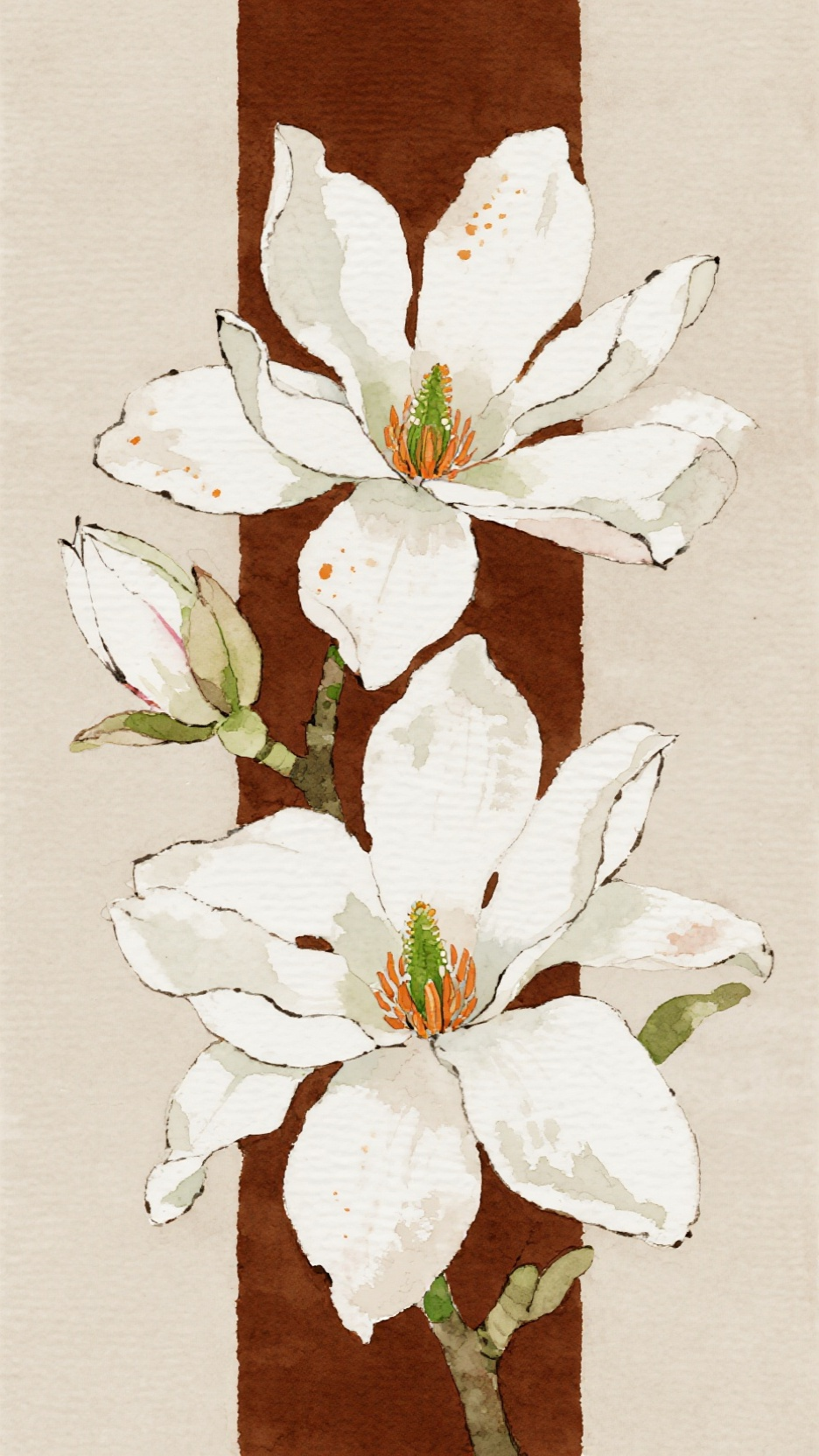 创作一幅复古插画风格的图像，要求： 1. 风格质感：水彩与钢笔混合晕染，带手绘纹理； 2. 背景元素：浅米色基底，中间嵌入深棕色矩形块； 3. 主体花卉：两朵玉兰花，花瓣边缘做粗糙肌理处理，；花心处包含嫩绿色花托、白色… - AI prompt reference from CC Prompt Galaxy