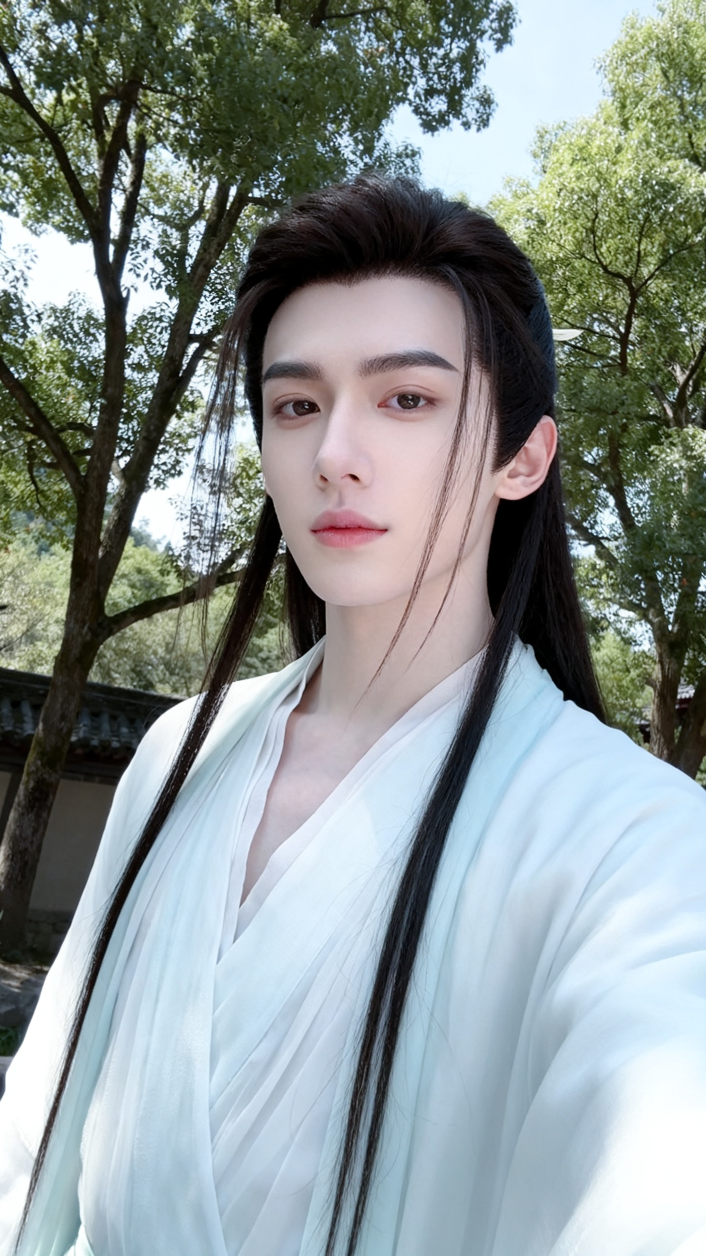 一张平平无奇的自拍照片，无精心构图和打光，日常快照，古风纯欲帅哥，皮肤雪白，几缕发丝自然垂落，修仙宗门自拍摆 pose，背景有树 - AI提示词参考图，来自西西提示词