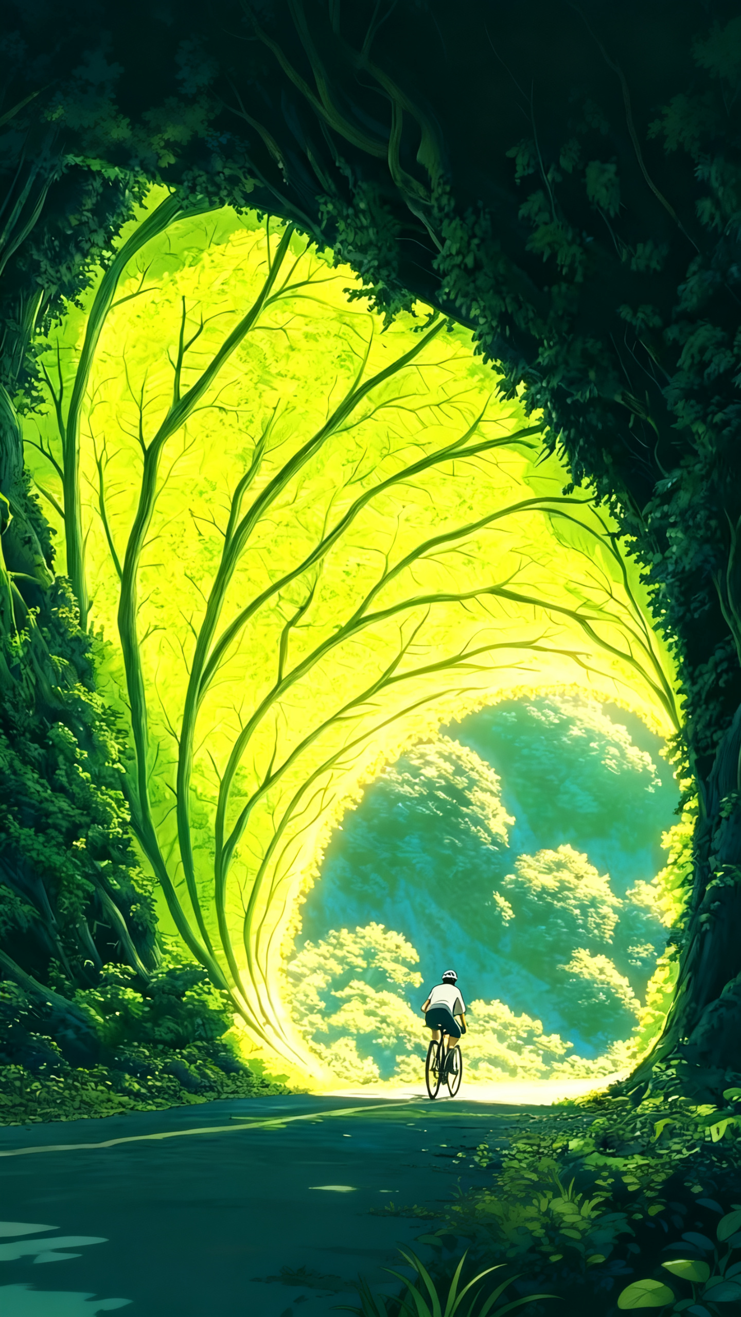 ##维度 精准描述 主体 骑行者（背影，穿白色短袖、深色短裤、戴头盔）骑着自行车，行驶在一条被巨型树木形成的天然隧道包裹的公路上；隧道由无数向中心汇聚的树枝构成，前景为深邃的暗绿色森林，隧道内部被明亮的黄绿色阳光照亮，… - AI提示词参考图，来自西西提示词