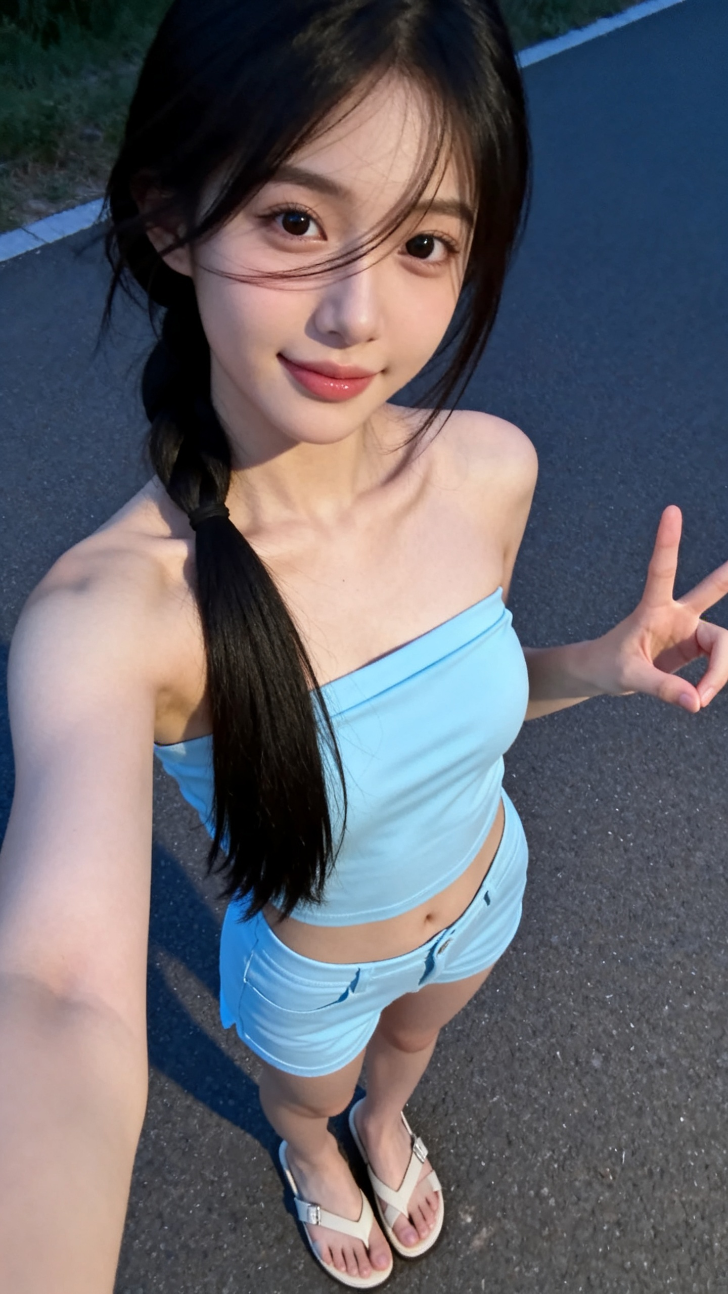 一个个性时尚的女孩子，真人拍摄 长长的黑色头发扎成低马尾放到胸前，宁静，优美，动人，8k分辨率，照亮，高清，青春洋溢，清新脱俗的气质，优雅的姿态，晚风拂过她的脸颊 全身，身形修长，一只手比心手势 景别：特写（聚焦人物身… - AI prompt reference from CC Prompt Galaxy