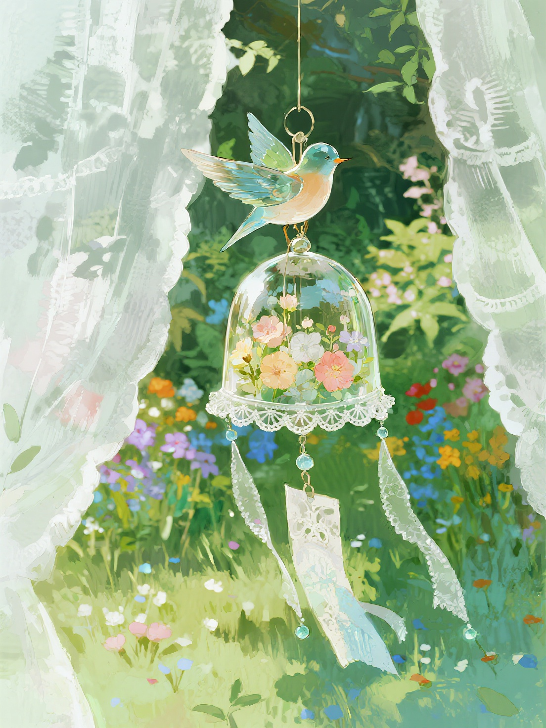 水墨松散画法，绘画风格，夏日，白云飘飘，一个森系花园，花园里开满了五颜六色的花，斑驳的光影，一个美丽的玻璃小鸟造型的风铃特写，风铃下开满了花，还有蕾丝装饰 - AI提示词参考图，来自西西提示词