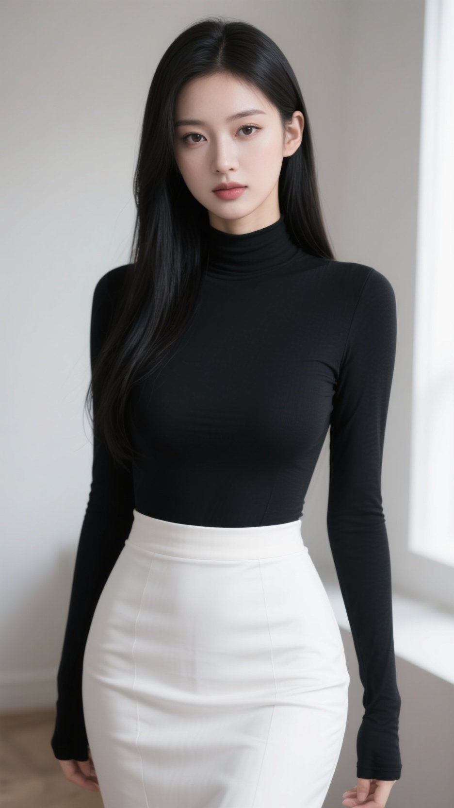 韩系高级清冷辣妹，窄脸精致五官，淡颜氛围感眼妆，顺滑黑长直，修身紧身打底衫，高腰包臀半身裙，沙漏身材，冷白高级色调，室内柔和侧光，干净高级画质，细腻发丝，极致人像特写 - AI prompt reference from CC Prompt Galaxy