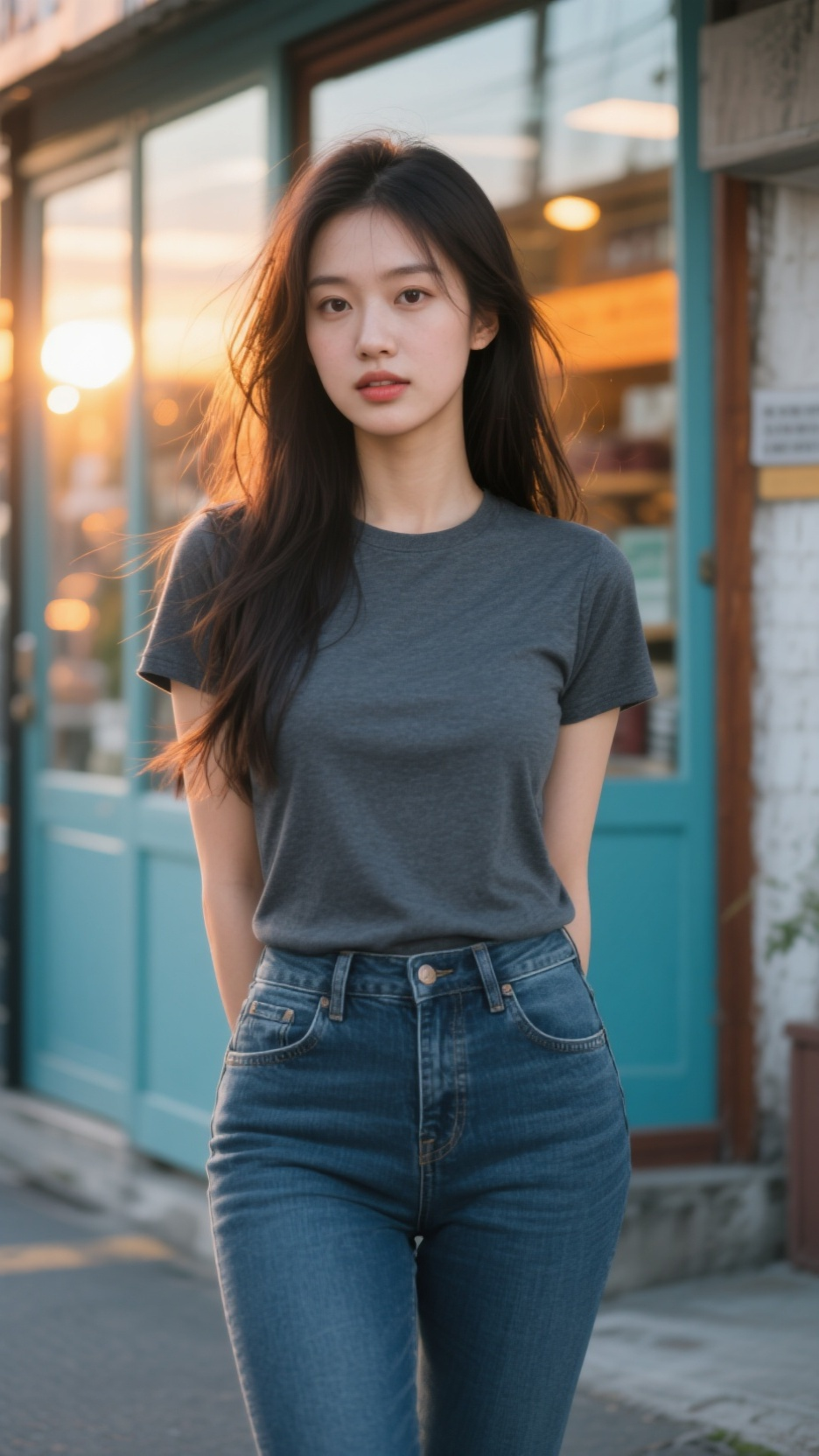清纯天然美女，撇嘴柔美，散发型长刘海，挺拔身姿饱满，深灰色柔软体恤，紧身牛仔裤，微风吹动发丝，发丝凌乱美，发丝划过脸颊，眼神清澈透亮，日落光斑，小店门前，玻璃反光，浅蓝橙黄调，高清写真 - AI提示词参考图，来自西西提示词