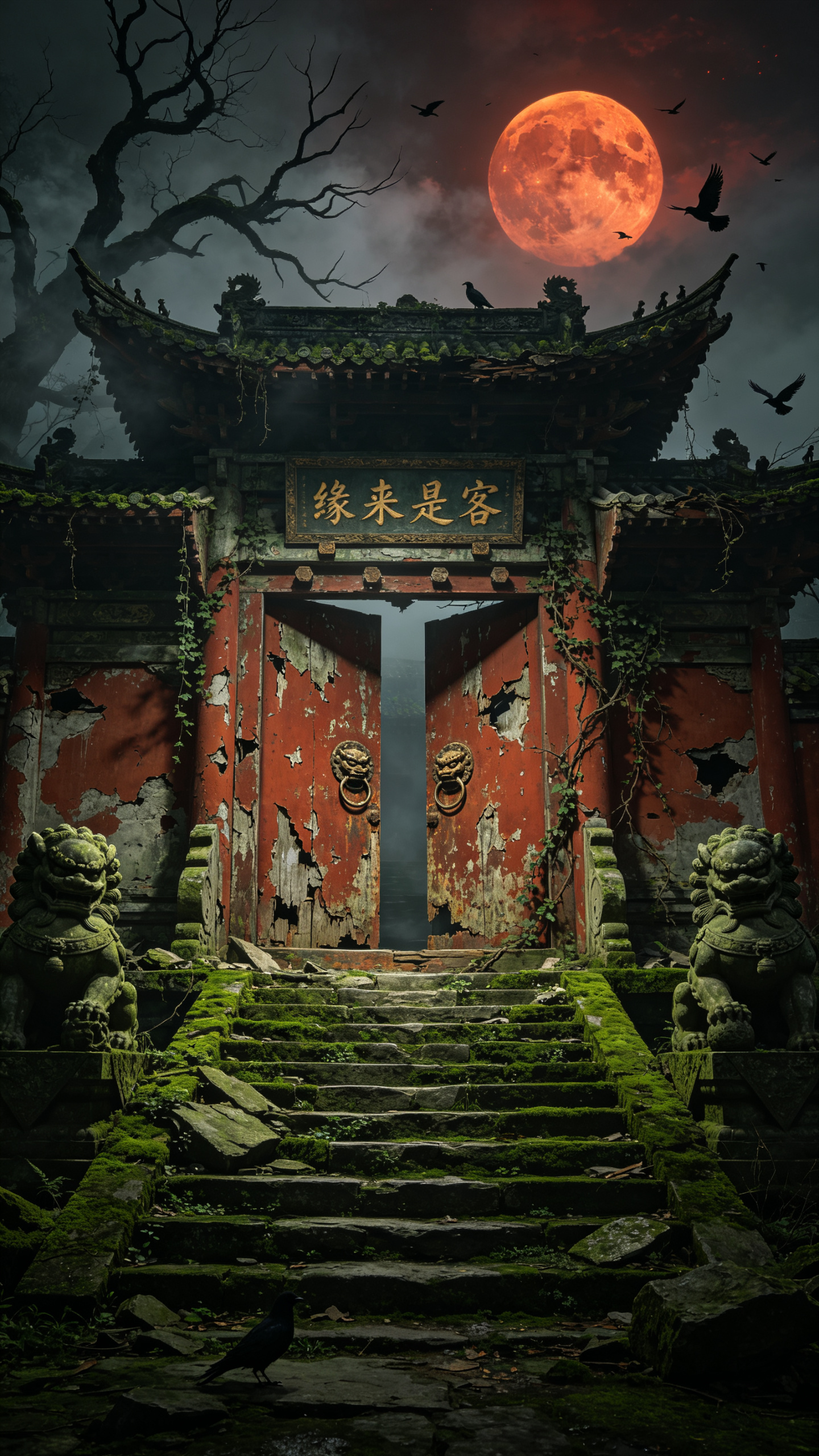古寺巍峨山门倾颓矗立，巨幅石阶覆满幽绿苔藓。两道朽烂朱漆寺门半开，兽首门环，雾气弥漫。夜空血月笼罩，大门上残破牌匾刻着“缘来是客”，枯树虬枝如爪影横斜。门口两侧一对破损残缺的石狮子，石缝间蔓延藤蔓。乌鸦乱飞，整幅画面呈… - AI prompt reference from CC Prompt Galaxy