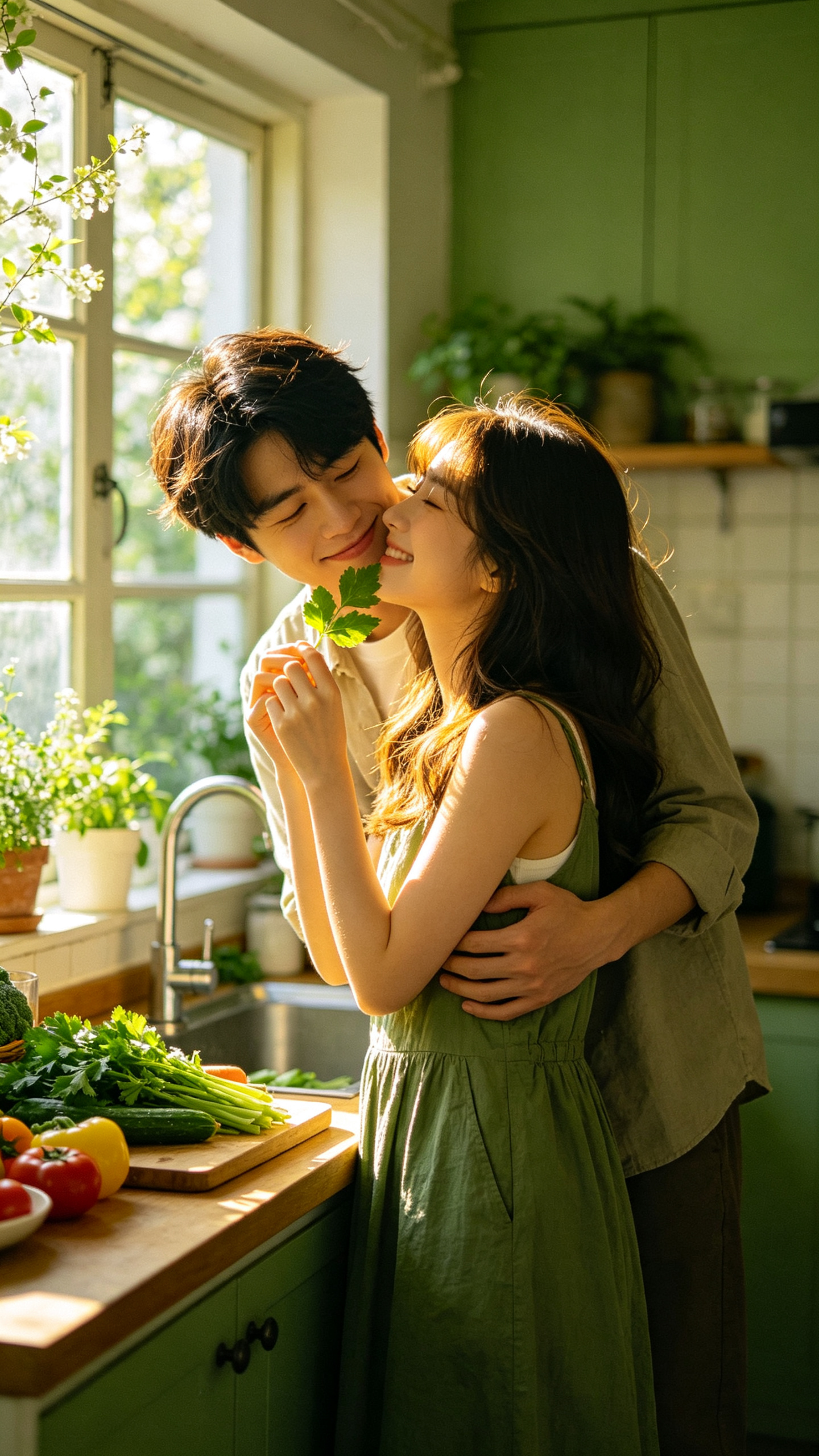 电影质感的胶片摄影 专业人像摄影 高颜值情侣 厨房 亲密 互动 爱情 逆光 发丝光 大师摄影 大师构图 大师光影 春天 窗边 绿色 - AI提示词参考图，来自西西提示词