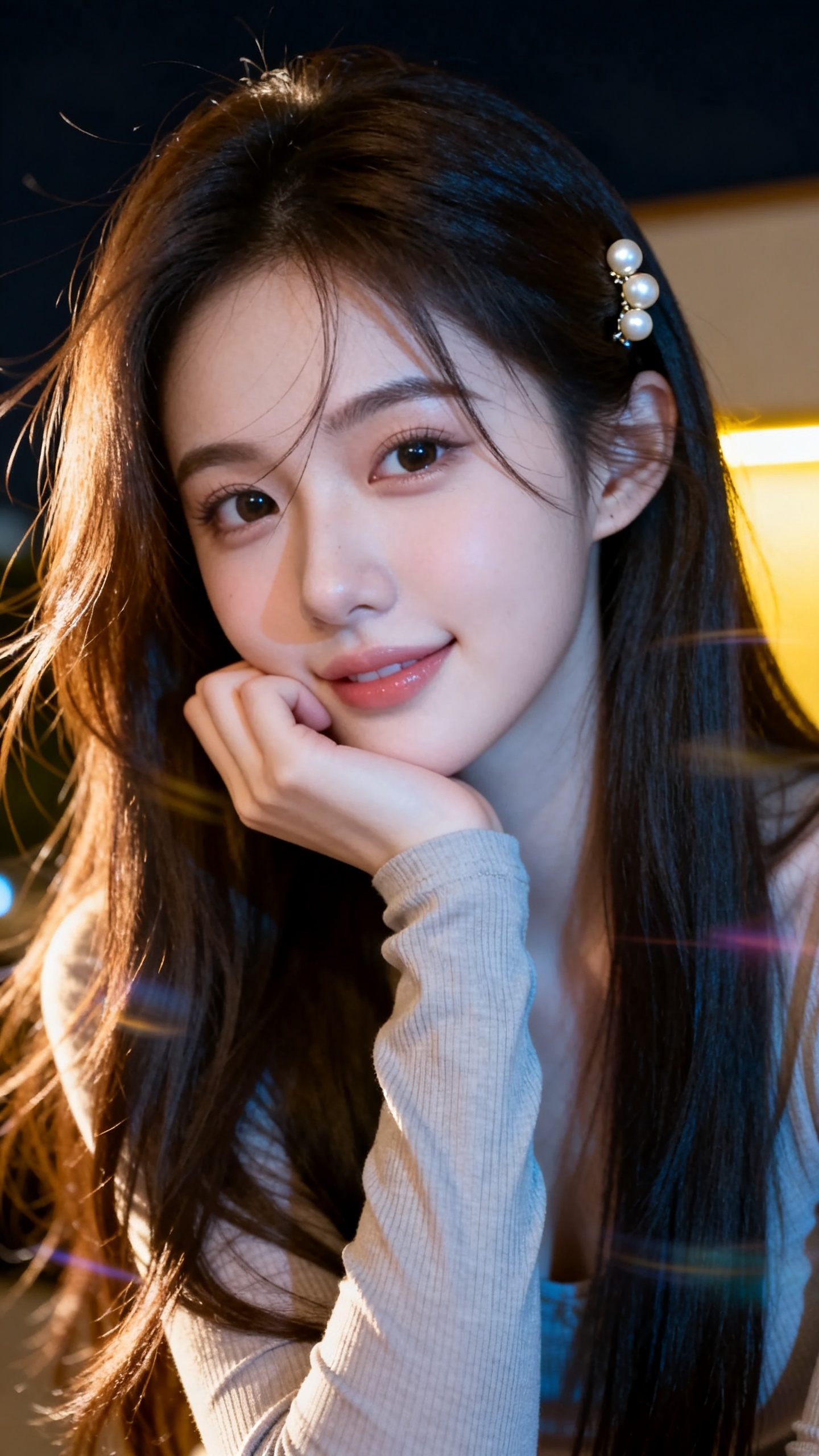苹果手机5s拍摄风格，画面主体是一个19岁左右冷白皮少女，身材s型。少女有棕褐色长发戴着发卡，她穿着长袖微微修身上衣，少女托腮，呈现慵懒感，背景是夜晚稍暗 简约室内。表情随机滤镜好看自然。运动模糊 轻度曝光。不过度磨皮… - AI prompt reference from CC Prompt Galaxy