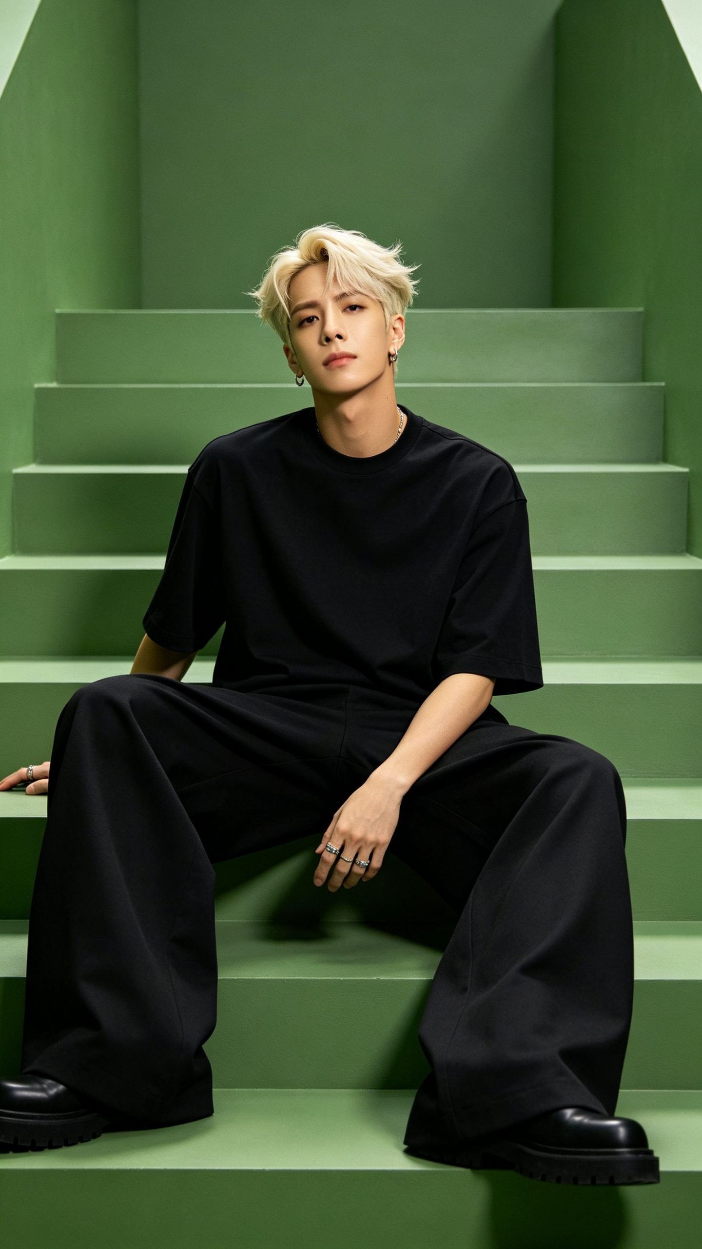 full-body shot of Jackson Wang, sitting on green stairs, wearing oversized black T-shirt and wide-leg pants, … - AI提示词参考图，来自西西提示词