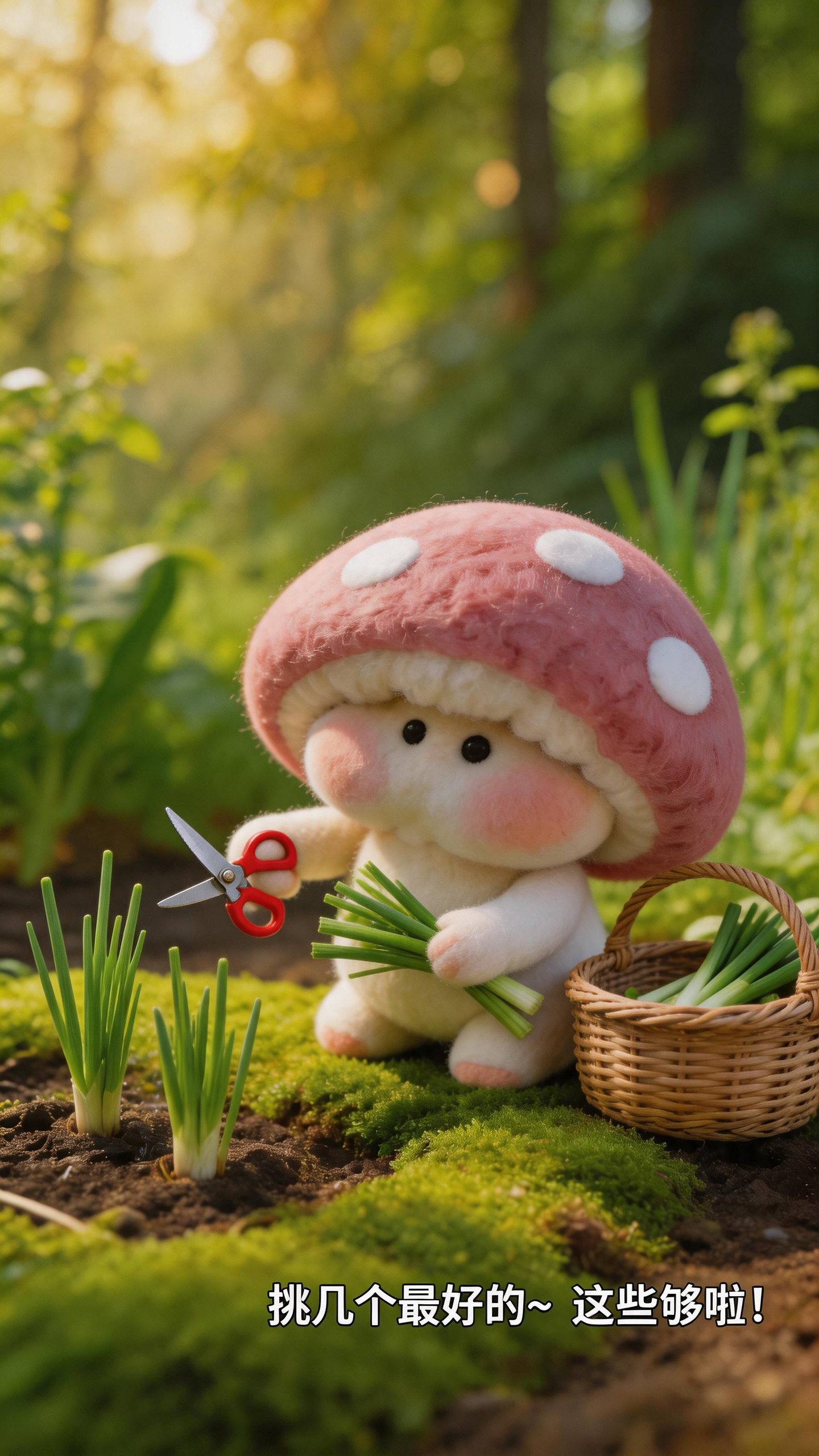 ##主角形象参考@图片1，视频分为多个场景：首先是户外森林菜园，背景有茂密绿色植被、苔藓地面，秃秃用绿色洒水壶给自种的葱浇水，再用红色小剪刀采摘葱段放入藤编篮子，字幕显示‘今天菇给人做春天的第一口葱油拌面’‘葱是菇自己… - AI提示词参考图，来自西西提示词