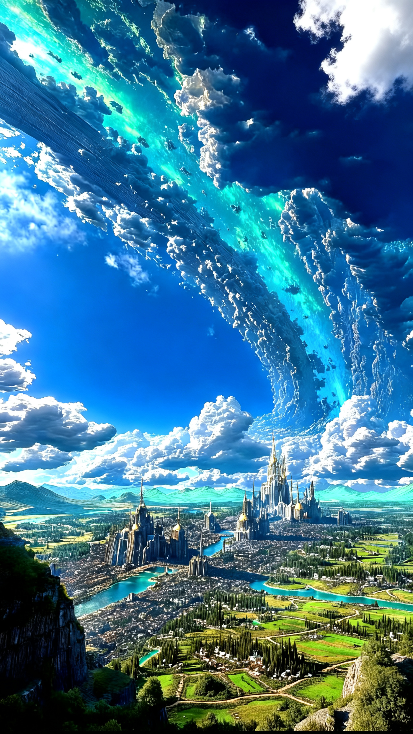 ######史诗奇幻风格的宏大景观，采用高空俯瞰的视角，画面层次分明且视觉冲击力极强，兼具电影级的质感与北欧神话般的空灵壮阔。 天空：诡谲壮丽的天象奇观 画面上半部分被极致震撼的天空占据主导，打破常规的天象营造出超现实… - AI提示词参考图，来自西西提示词