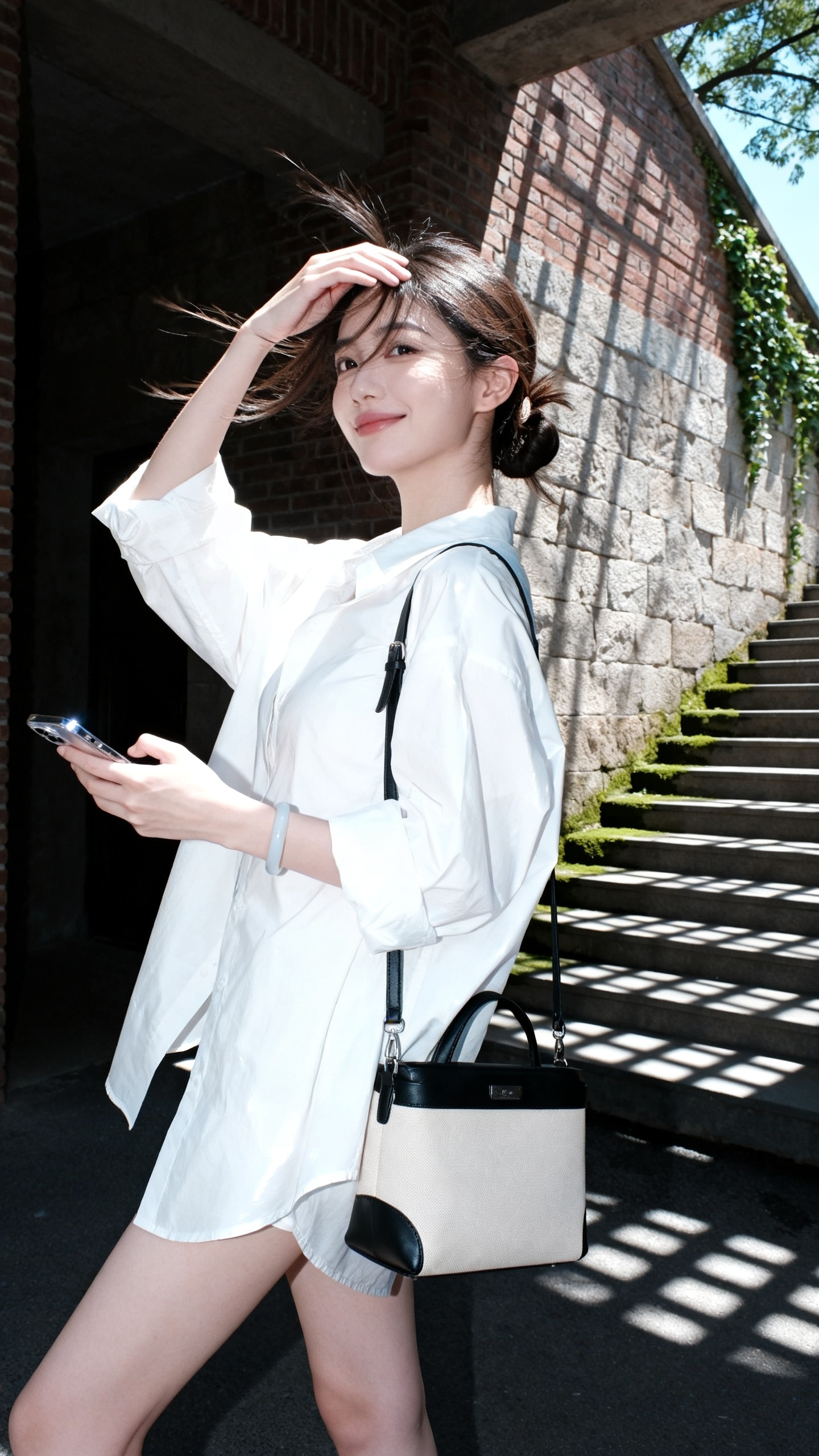 《石阶夏日》 平视微仰视角构图，9：16画幅，镜头从台阶下方抓拍。24岁亚裔女性站于砖石建筑台阶旁，半扎发松松挽在脑后，几缕碎发垂落脸颊，在风中形成发丝飘动轨迹。她举在额前遮阳的手不经意将碎发拨到耳后，指尖纤长，握着手… - AI prompt reference from CC Prompt Galaxy