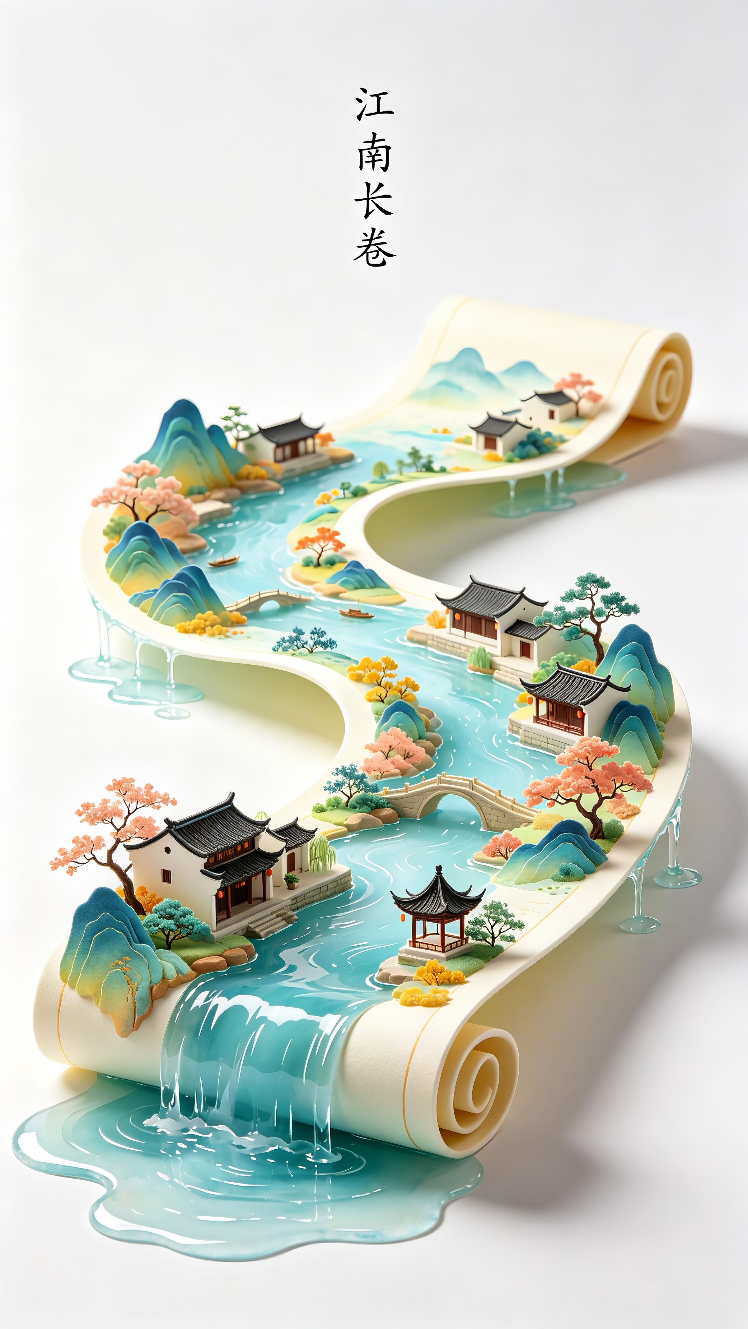 插画设计。纯白背景上的立体插画：千里长卷蜿蜒，流水丹青，江南水色，人间美景，国风风格，立体质感，有水溢出。明亮色彩，高级晕染。页面上方中间标题：“江南长卷”，小字，极细。 - AI提示词参考图，来自西西提示词