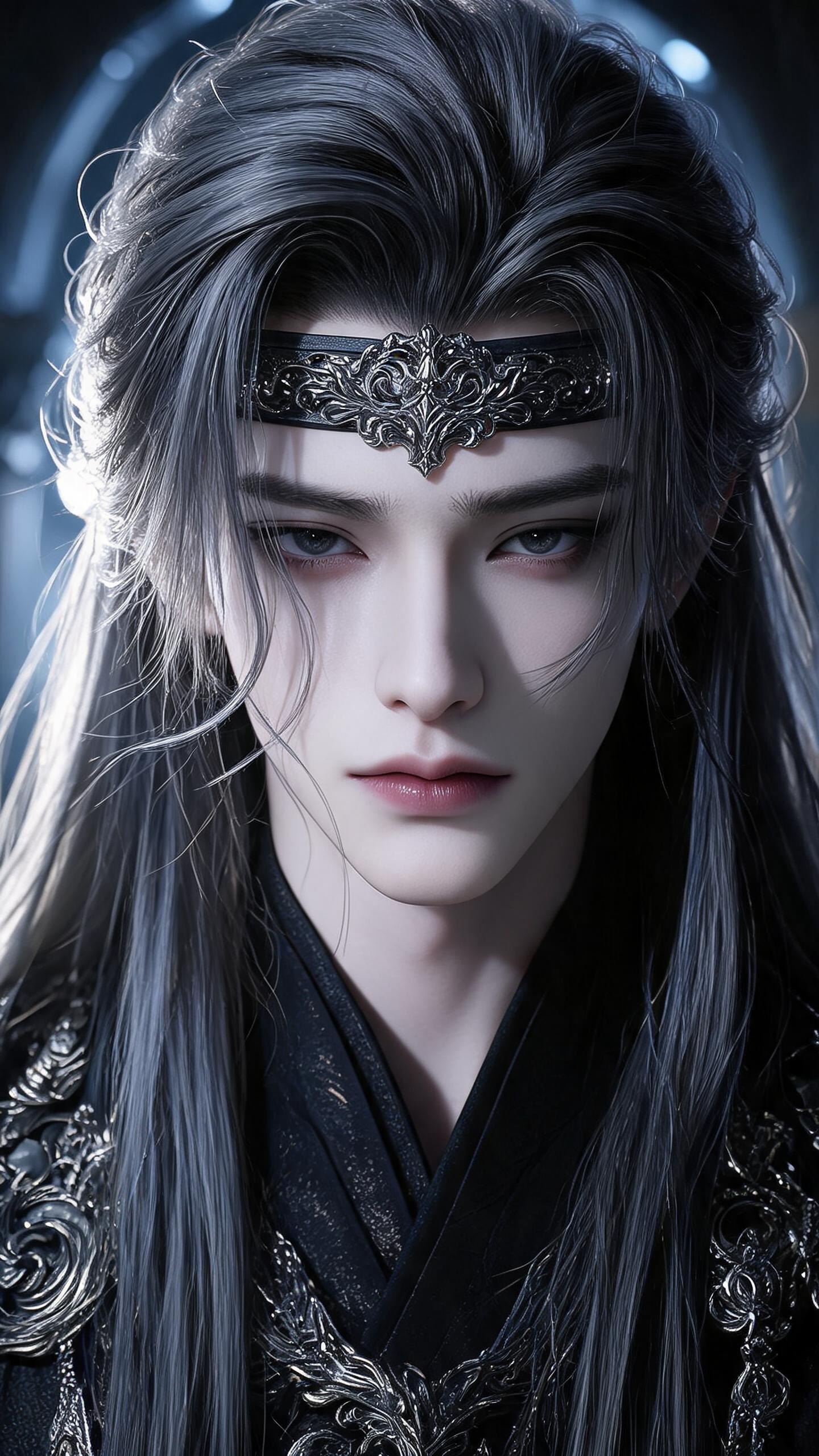 ##古风帅哥，线条清晰，明暗对比，超高清，垂坠感，高级感，面部特写，最高画质，灰色长发，精美抹额，邪魅，狭长的双眼，极致妖孽的容貌，极致清冷感，精美繁复华丽装饰，华丽装饰，精美配饰，绝美眼睛，阴森，细节五官。丰富细节，… - AI提示词参考图，来自西西提示词