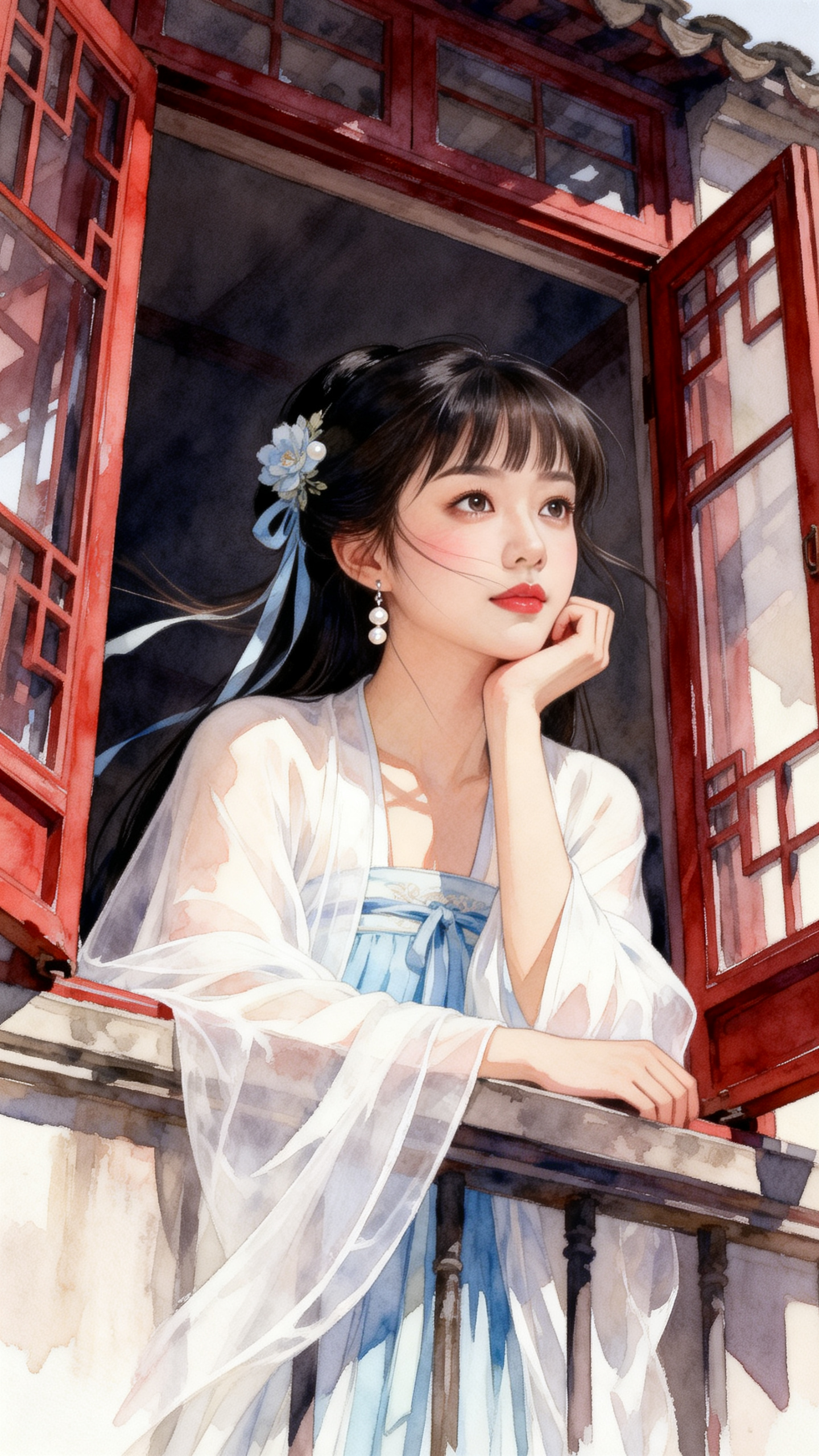 ##二楼复古暗红色窗户打开，一位俏佳人左手托腮，往下看。乌黑秀发挽发用浅蓝色丝带束缚。戴淡蓝色花朵发饰。珍珠长耳坠。些许刘海。皮肤莹润白皙有光泽，长眉，眉毛清晰分明，一双极其狭长凤目，眼里有光极有神韵，挺翘的鼻梁，脸颊… - AI提示词参考图，来自西西提示词