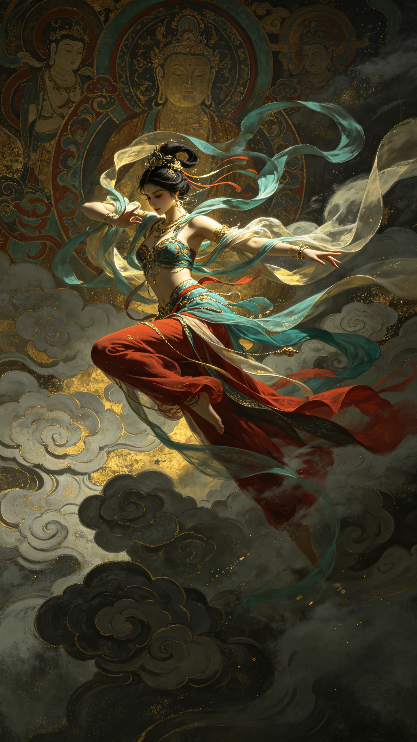 in the style of Hajime Sorayama 真人写真，风格黑暗设定插画 ，奇幻插画大师，敦煌，飞天，敦煌壁画配色，祥云密布，空中飘逸飞行，低饱和度，高级配色，阴暗神秘，动态模糊，迷离感，飘逸，柔软，… - AI提示词参考图，来自西西提示词