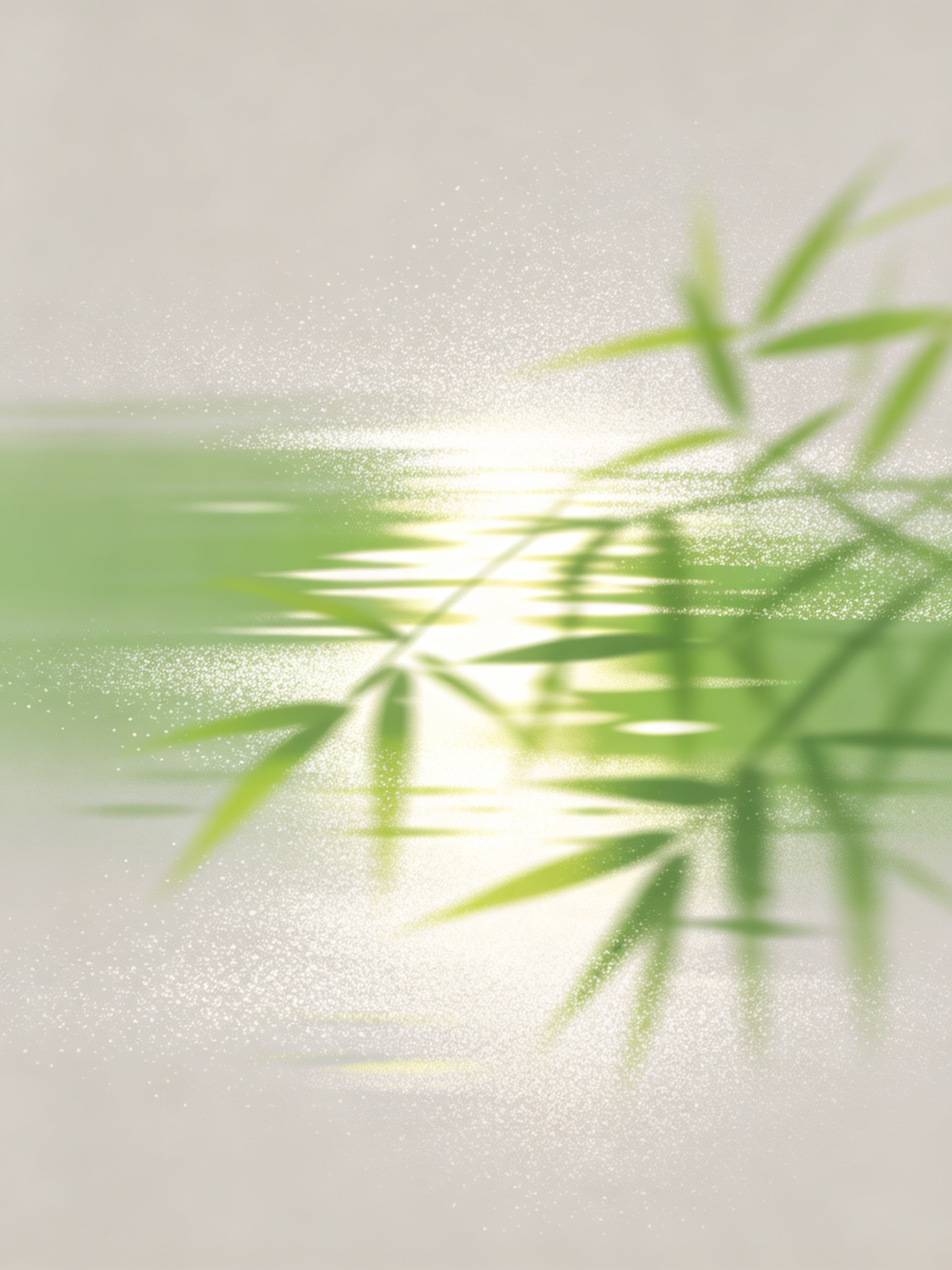 极简插画，虚实结合，模糊泛绿白色颗粒肌理，单一的纯色米灰色背景，模糊感+颗粒感+肌理感+朦胧感，清新淡雅，治愈配色，色彩冷暖对比强烈，强调梦幻温暖的氛围感，微光，隐约看出水中竹叶倒影形态，非传统构图方式，动态模糊，自序… - AI提示词参考图，来自西西提示词