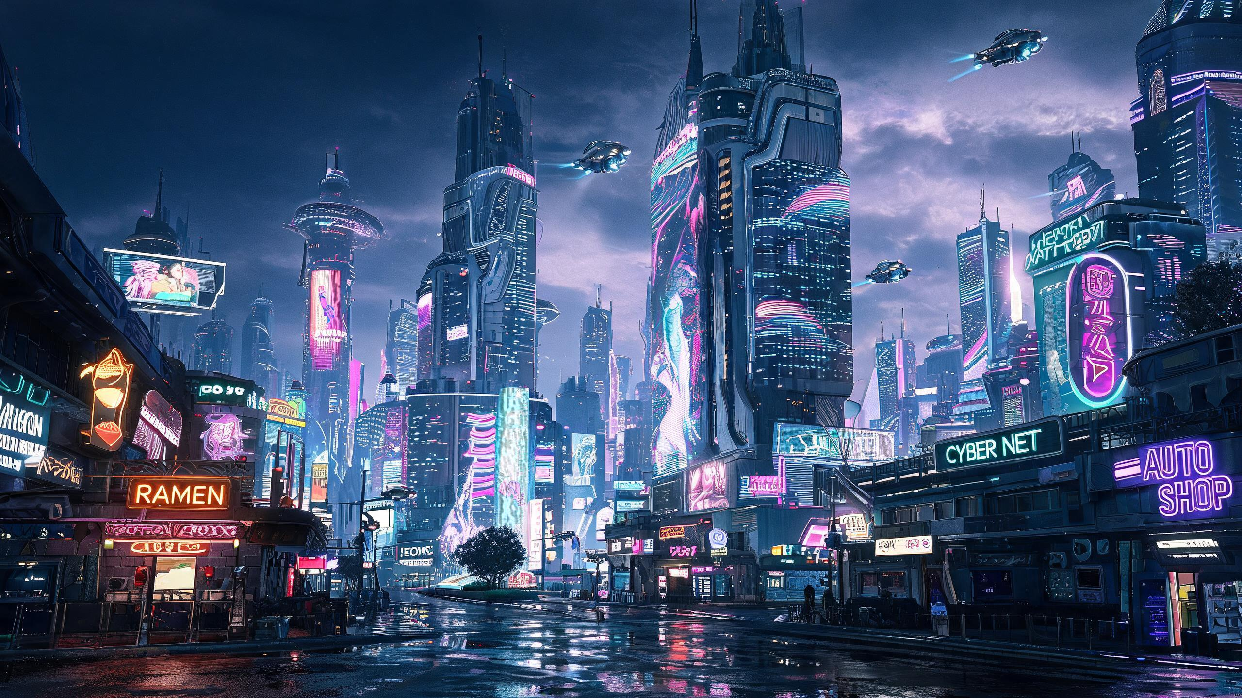 一幅未来主义大都市的夜景全景，聚焦于市中心高耸的摩天楼群，建筑表面覆盖着半透明的全息屏幕和流动的霓虹光带。灵感源自重磅科幻作品的赛博朋克美学，融合艺术家Syd Mead那种流线型机械与Josan Agrez的高对比度街… - AI提示词参考图，来自西西提示词