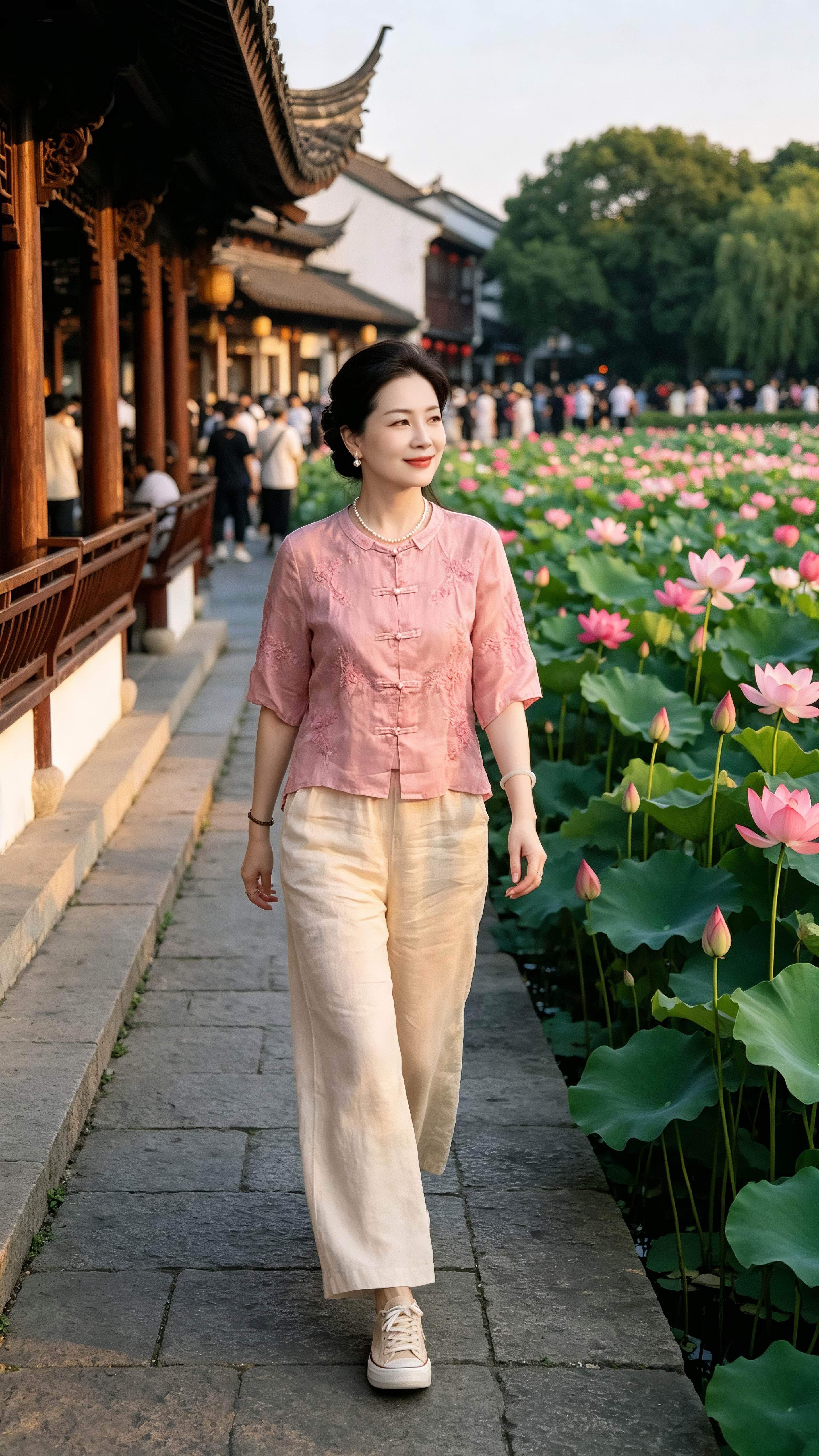 ##肖像摄影，一位45岁左右中年专业模特身穿图中衣服套装+低盘发+浅杏色帆布小白鞋，她佩戴简约精致的珍珠项链、耳坠和手镯，搭配突显高级感。人物拥有冷白皮肤，肤质细腻光滑，妆容精致，在柔和补光下呈现肤若凝脂的质感。她面带… - AI提示词参考图，来自西西提示词