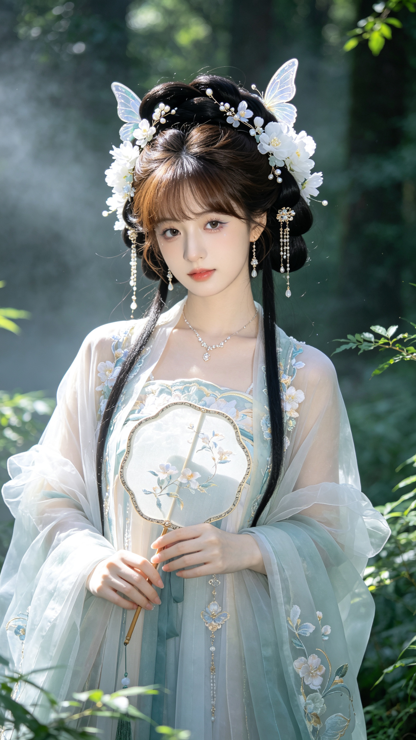 帮我生成图片：写真风，质感光照，自然光线，质感十足，摄影风格，19岁中国姑娘，空气刘海，棕色头发，蝴蝶珠花发饰，复杂白纱花朵，复杂蓬松盘发，皮肤白皙细腻，朦胧氛围。画面中一位面容绝美的女子正面入镜，姿态优雅，神态温柔恬… - AI提示词参考图，来自西西提示词