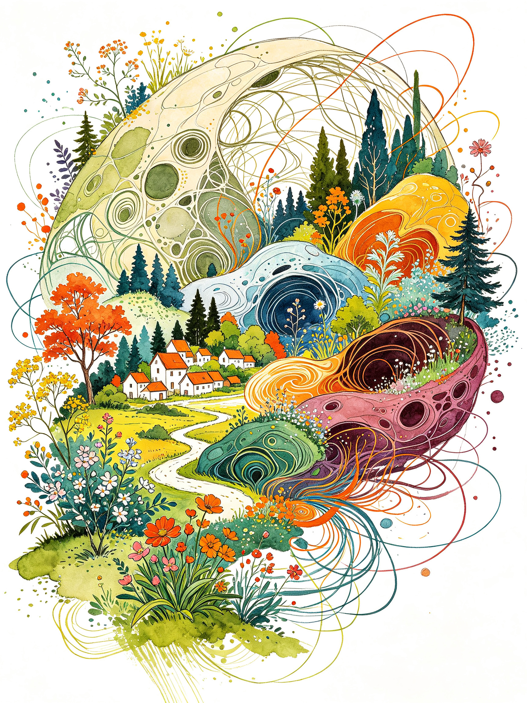 线描插画，细腻质感唯美意境，笔触清晰，浓淡相宜，矿物色染，不同色阶云集，花草树木，小村落， 极简风格，大面积留白，多巴胺色彩搭配，亦真亦幻，抽象的梦幻般的感觉，超现实主义，非现实的梦幻笔触，不规则构图，大师杰作增加饱和… - AI提示词参考图，来自西西提示词