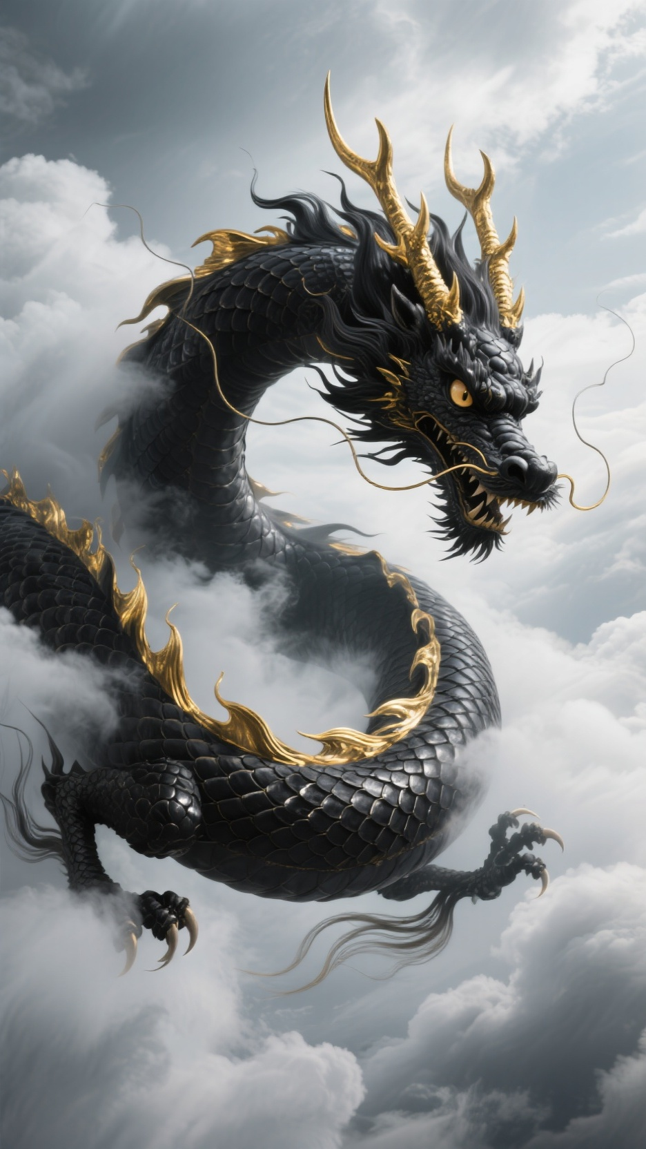 一条黑色龙从云层中，其巨大的身躯盘旋在空中。它那如钢铁般坚硬的鳞片闪烁着金属光泽，边缘竟镶着金边，在云雾缭绕中熠熠生辉。龙须随风肆意地飘动，仿佛灵动的丝线。黑龙怒目圆睁，眼中透露出无尽的威严，黄金龙角，建立的龙牙，直勾… - AI提示词参考图，来自西西提示词
